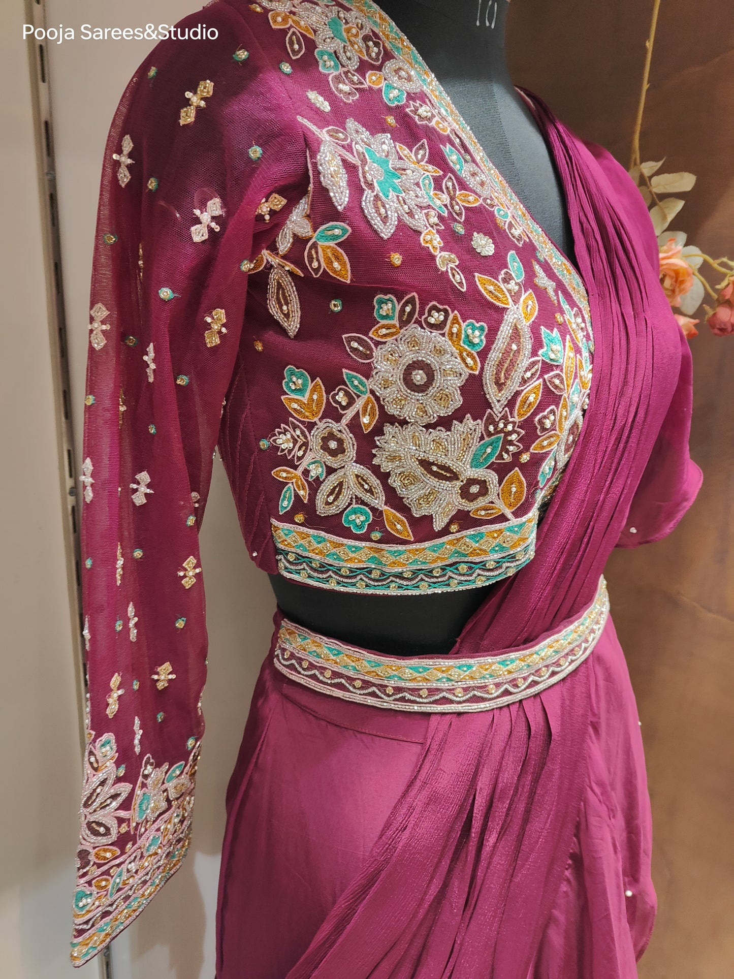 AARSAA Satin Crepe Purple Threadwork, Katdana , Sequence work blouse with Fish Cut Drape Lehenga and belt