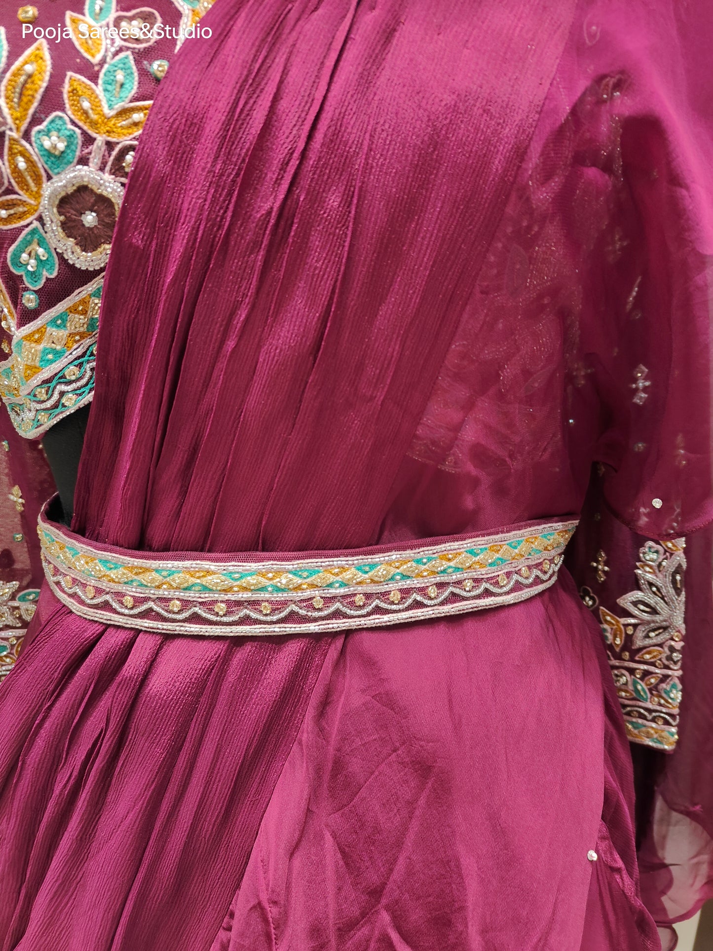 AARSAA Satin Crepe Purple Threadwork, Katdana , Sequence work blouse with Fish Cut Drape Lehenga and belt