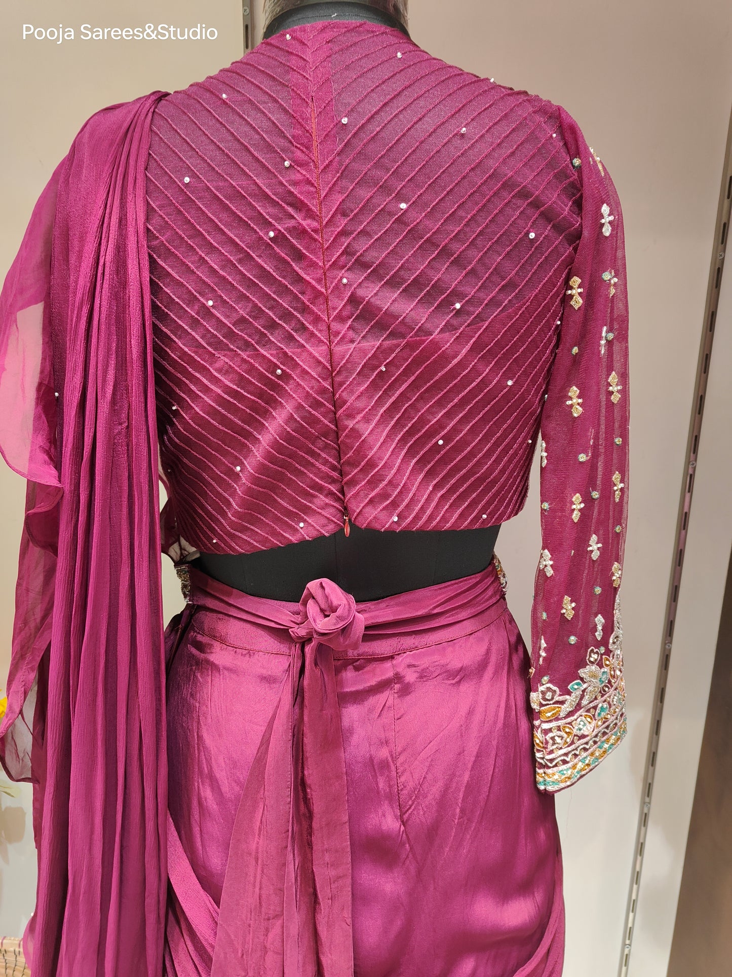 AARSAA Satin Crepe Purple Threadwork, Katdana , Sequence work blouse with Fish Cut Drape Lehenga and belt