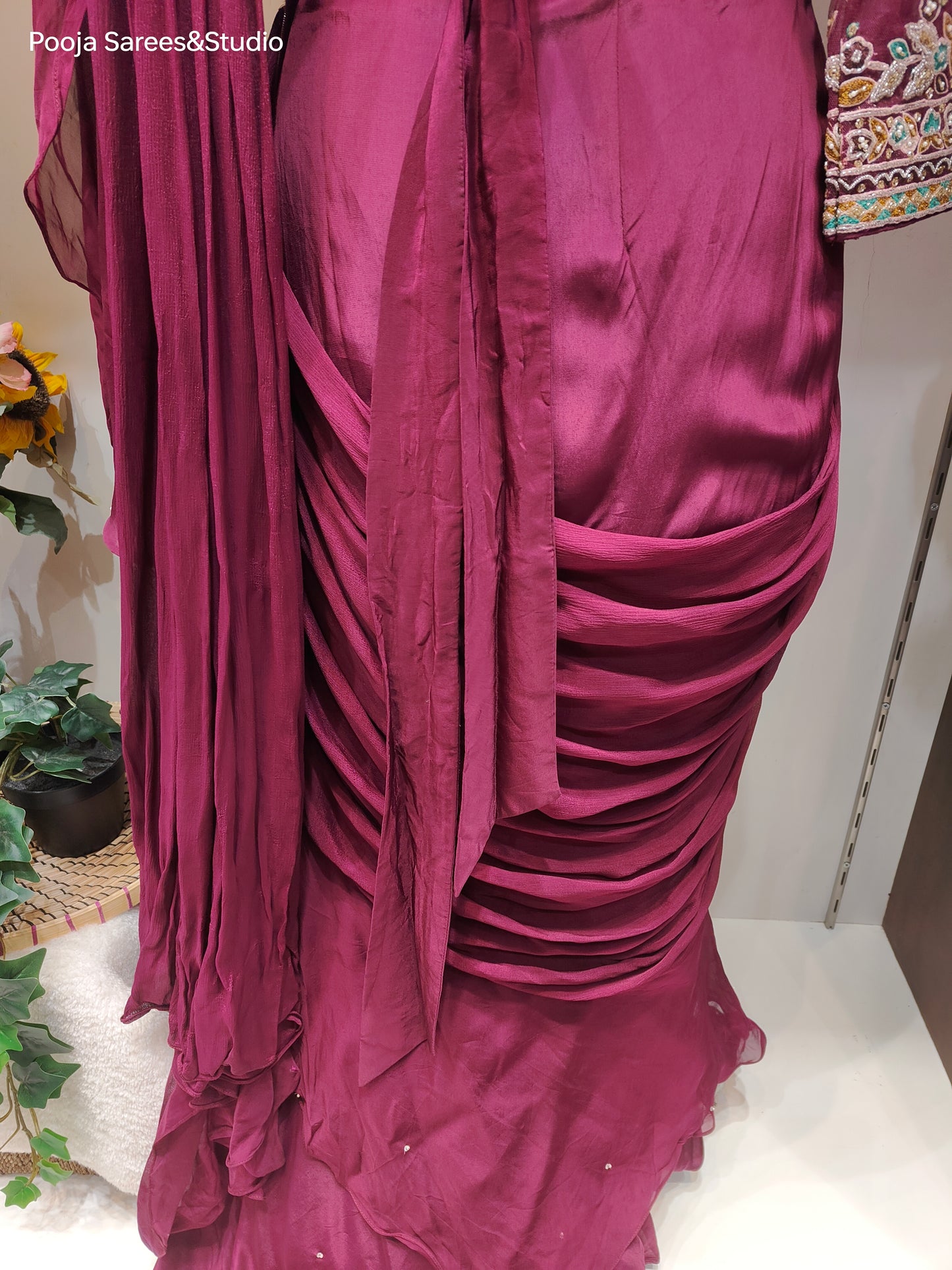 AARSAA Satin Crepe Purple Threadwork, Katdana , Sequence work blouse with Fish Cut Drape Lehenga and belt