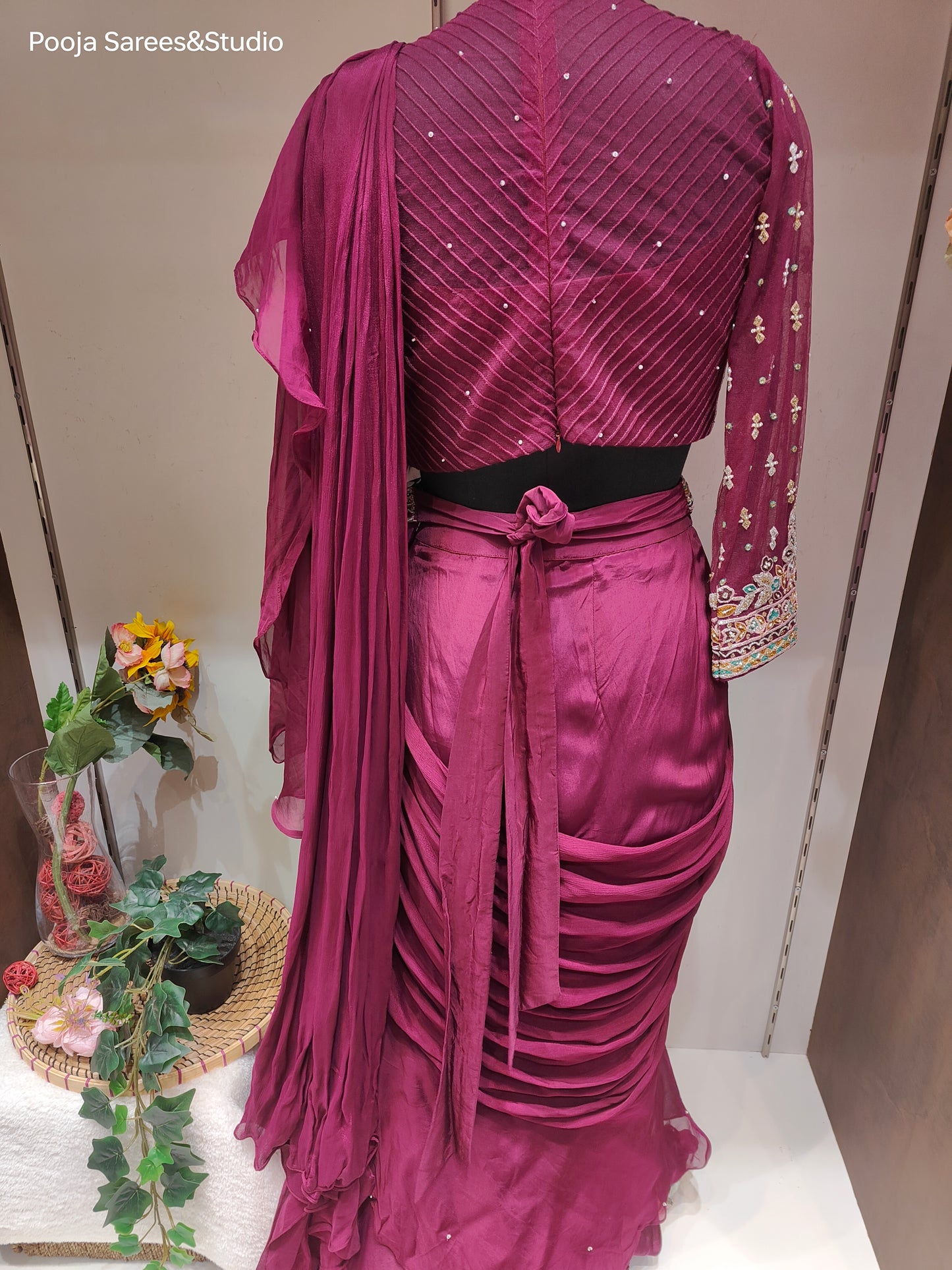 AARSAA Satin Crepe Purple Threadwork, Katdana , Sequence work blouse with Fish Cut Drape Lehenga and belt