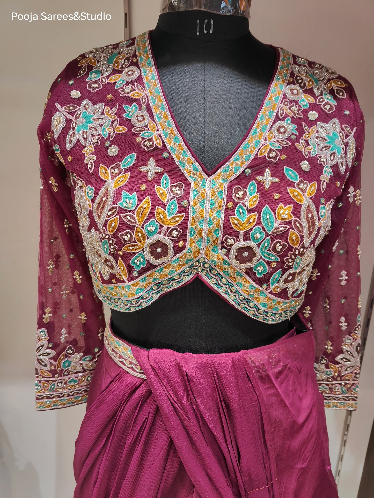 AARSAA Satin Crepe Purple Threadwork, Katdana , Sequence work blouse with Fish Cut Drape Lehenga and belt