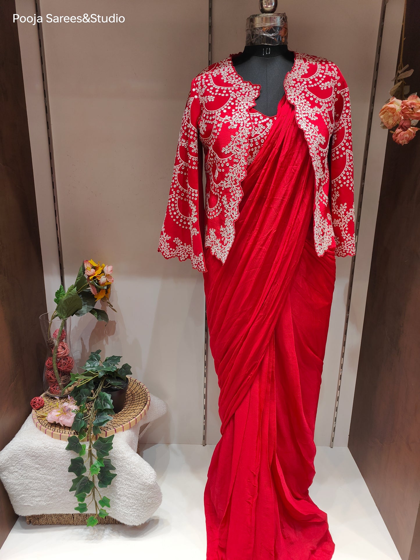 AARSAA Red Georgette Dori Mirror Work Sleeveless Blouse with Full Work Poncho Style Jacket and Drape Sarees