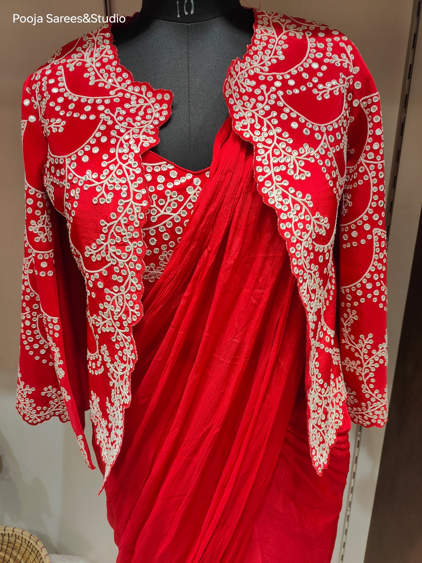 AARSAA Red Georgette Dori Mirror Work Sleeveless Blouse with Full Work Poncho Style Jacket and Drape Sarees