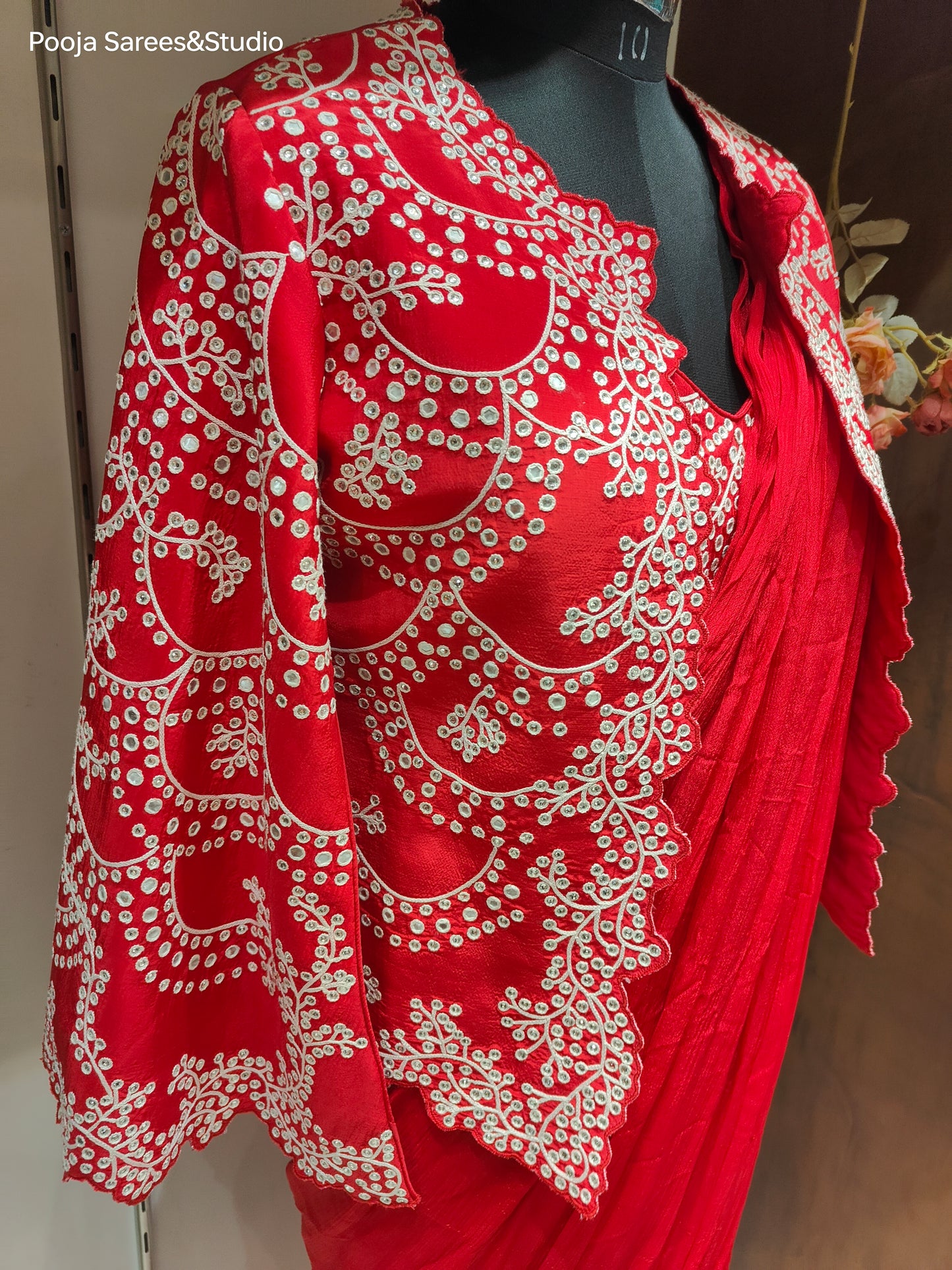 AARSAA Red Georgette Dori Mirror Work Sleeveless Blouse with Full Work Poncho Style Jacket and Drape Sarees