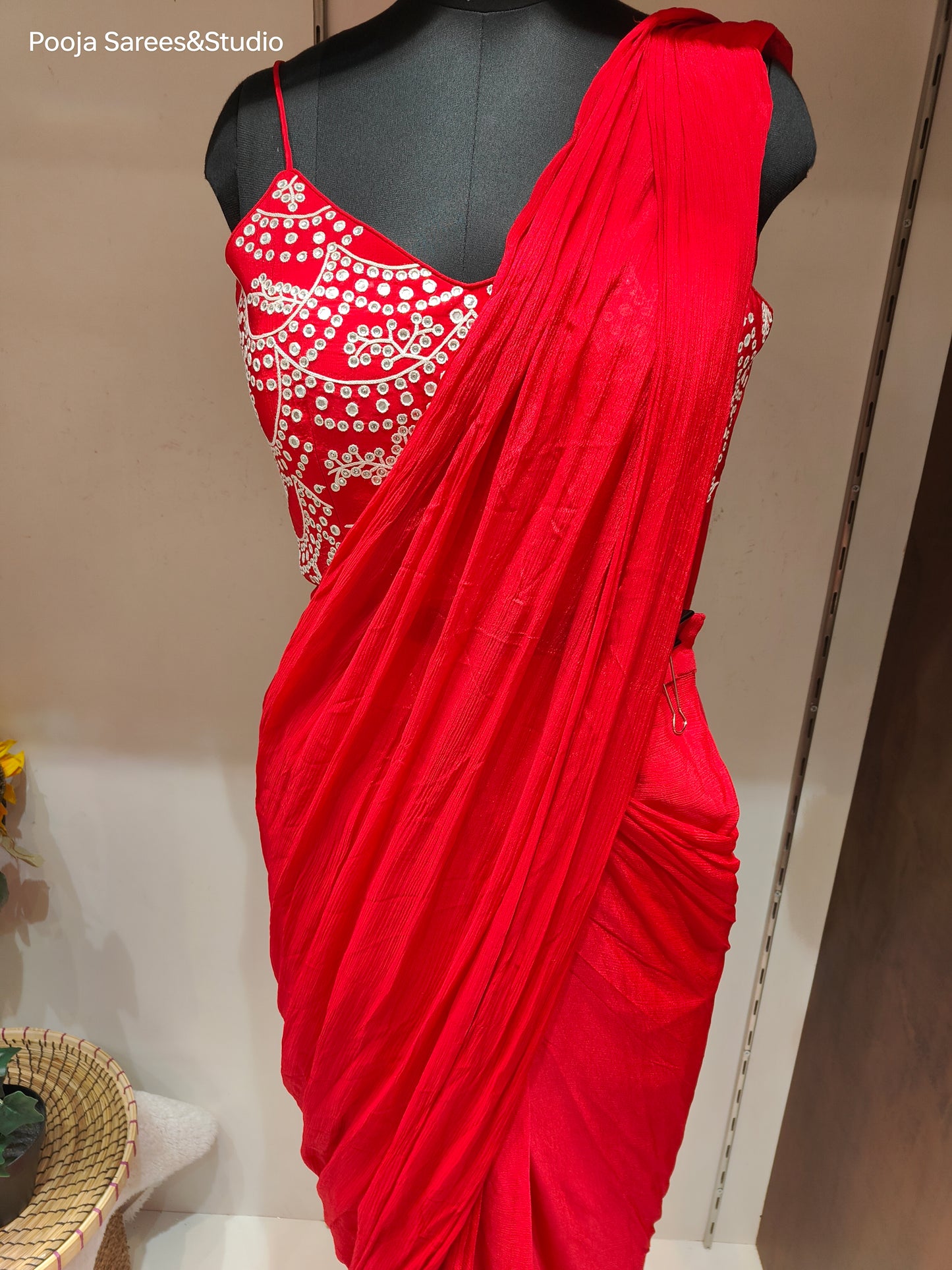 AARSAA Red Georgette Dori Mirror Work Sleeveless Blouse with Full Work Poncho Style Jacket and Drape Sarees