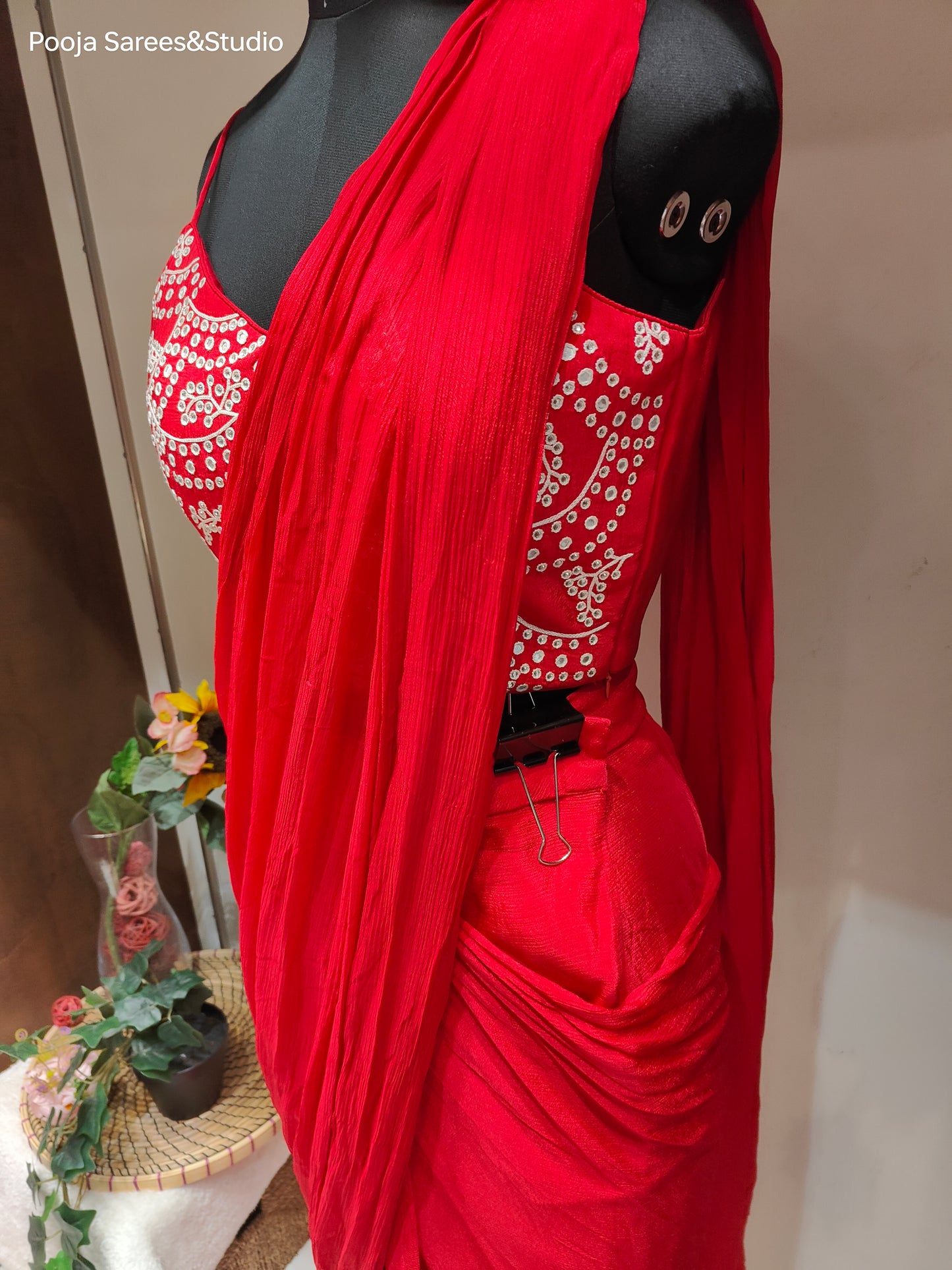 AARSAA Red Georgette Dori Mirror Work Sleeveless Blouse with Full Work Poncho Style Jacket and Drape Sarees