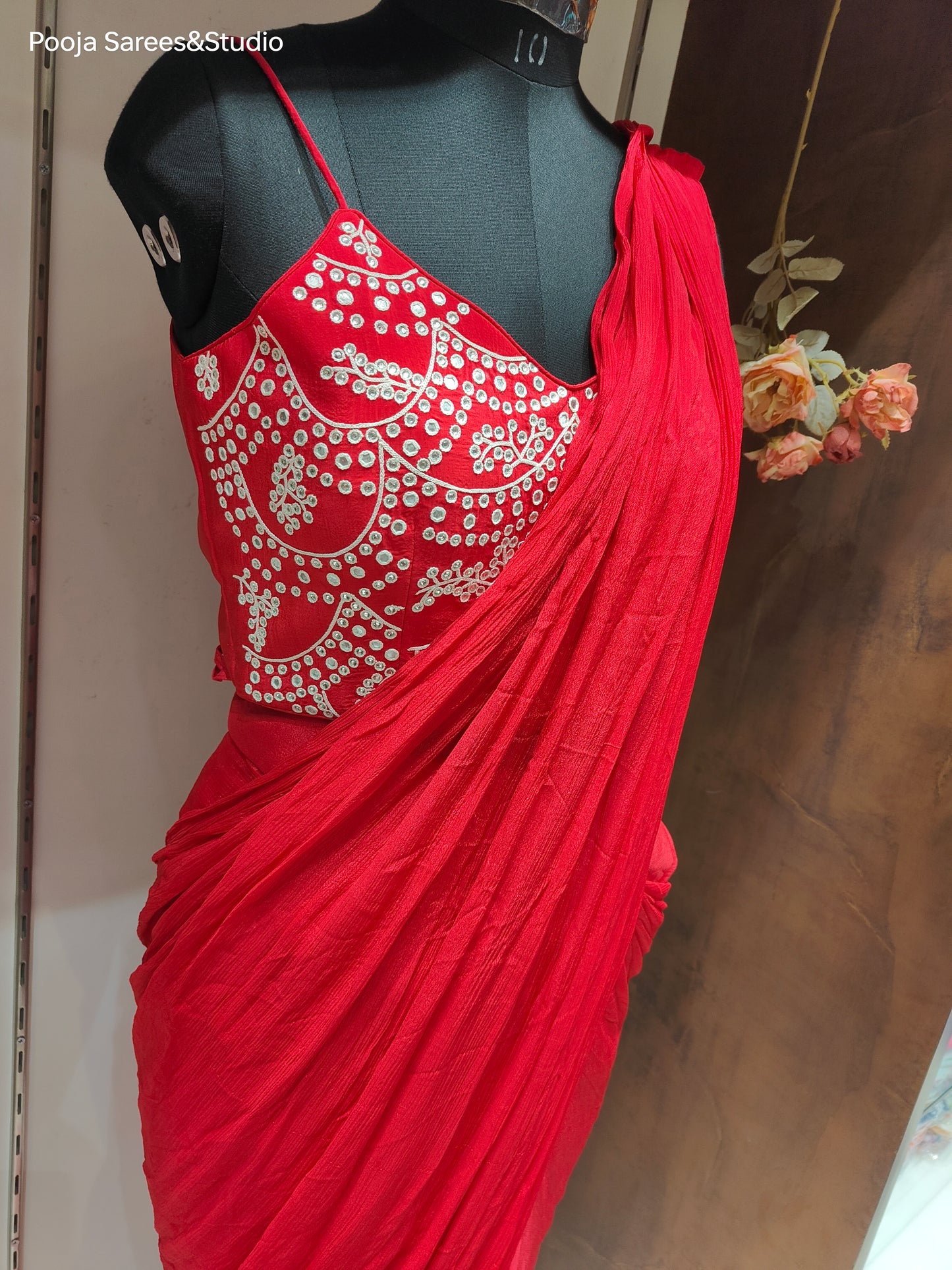 AARSAA Red Georgette Dori Mirror Work Sleeveless Blouse with Full Work Poncho Style Jacket and Drape Sarees