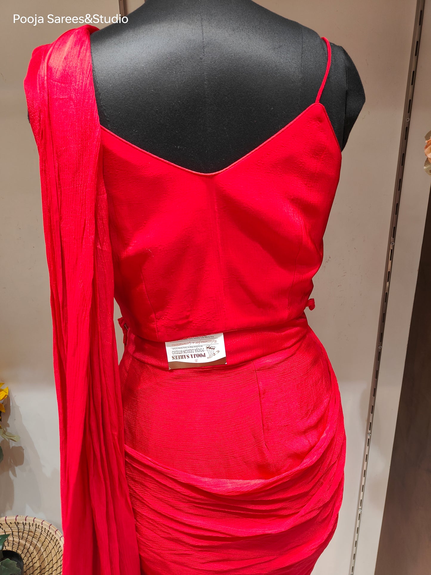 AARSAA Red Georgette Dori Mirror Work Sleeveless Blouse with Full Work Poncho Style Jacket and Drape Sarees