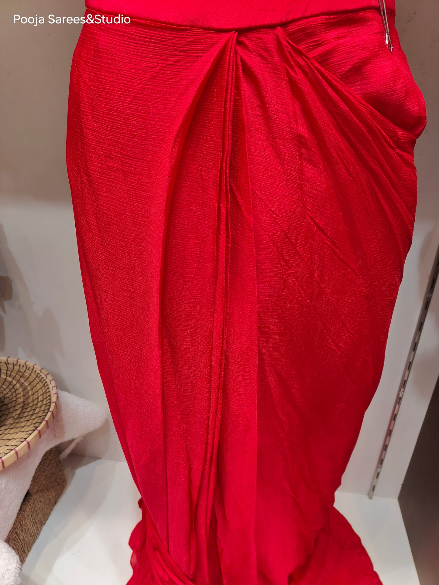 AARSAA Red Georgette Dori Mirror Work Sleeveless Blouse with Full Work Poncho Style Jacket and Drape Sarees