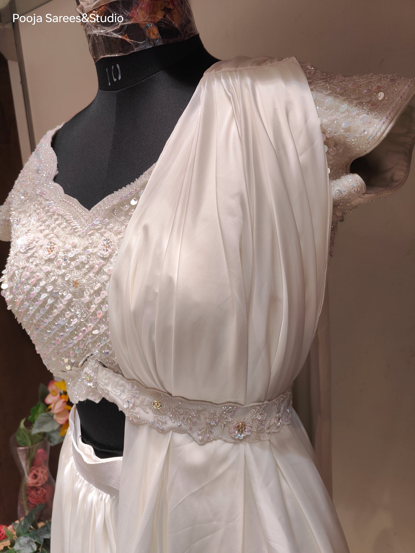 AARSAA White Pure Satin Full Sequence Blouse with Drape Pallazo And Work Belt