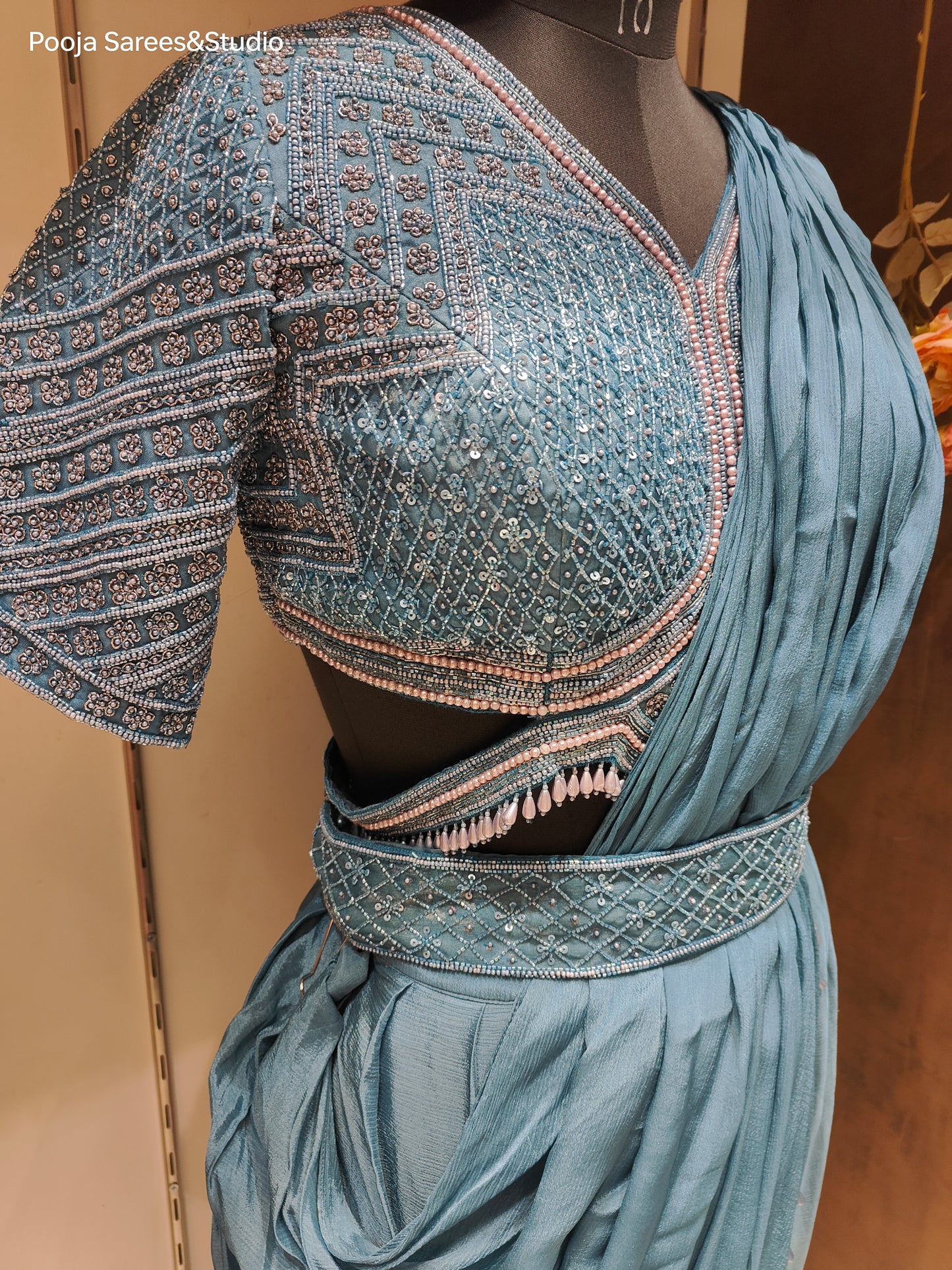 AARSAA Teal Crepe Sequence work stylish Blouse with Drape Lehenga