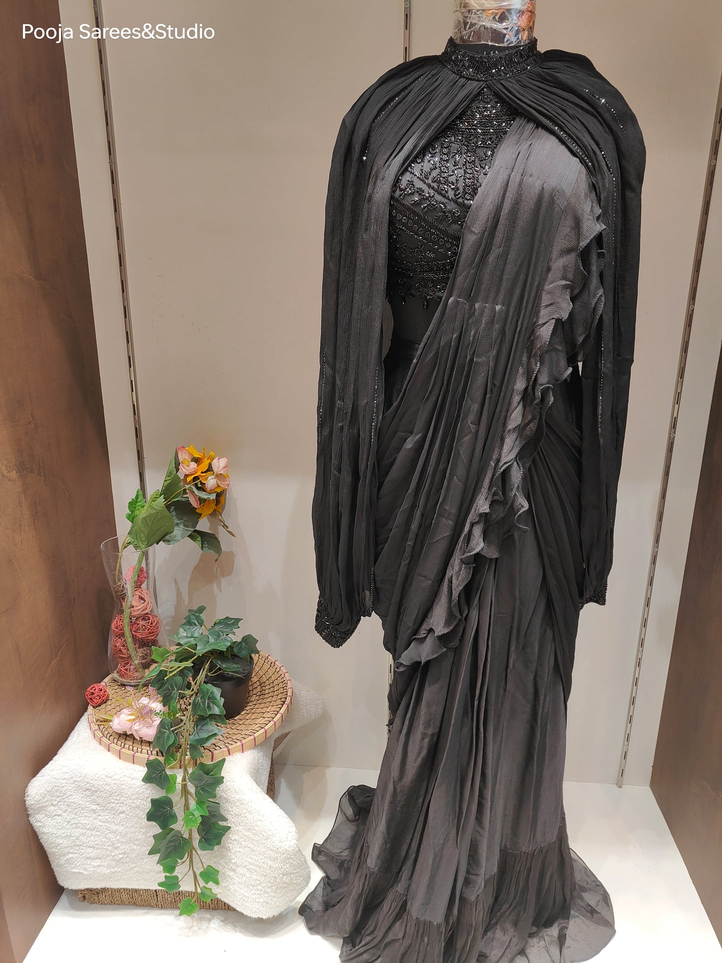 AARSAA Black Pure Georgette Heavy Self Katdana Sequence Work Blouse with Saree Drape and Poncho Sleeves