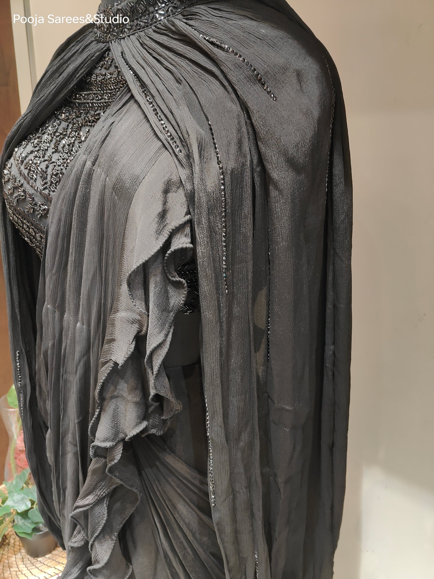 AARSAA Black Pure Georgette Heavy Self Katdana Sequence Work Blouse with Saree Drape and Poncho Sleeves