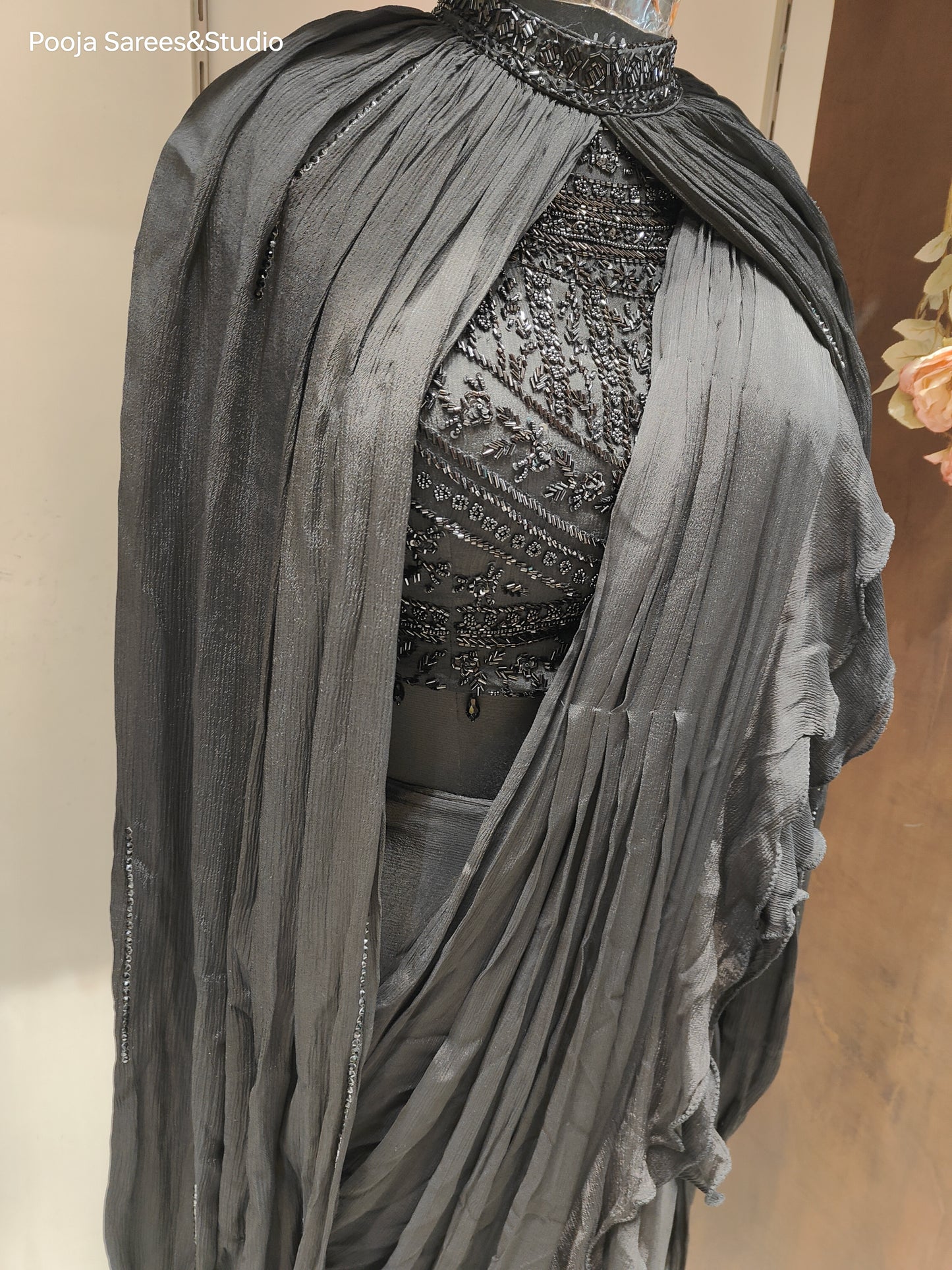 AARSAA Black Pure Georgette Heavy Self Katdana Sequence Work Blouse with Saree Drape and Poncho Sleeves