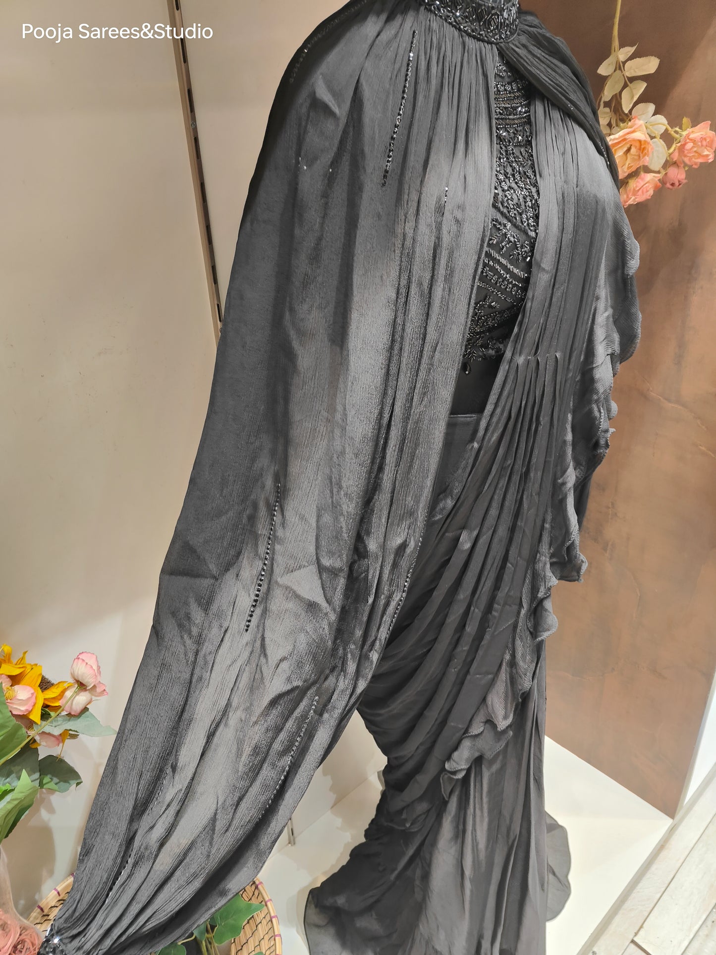 AARSAA Black Pure Georgette Heavy Self Katdana Sequence Work Blouse with Saree Drape and Poncho Sleeves