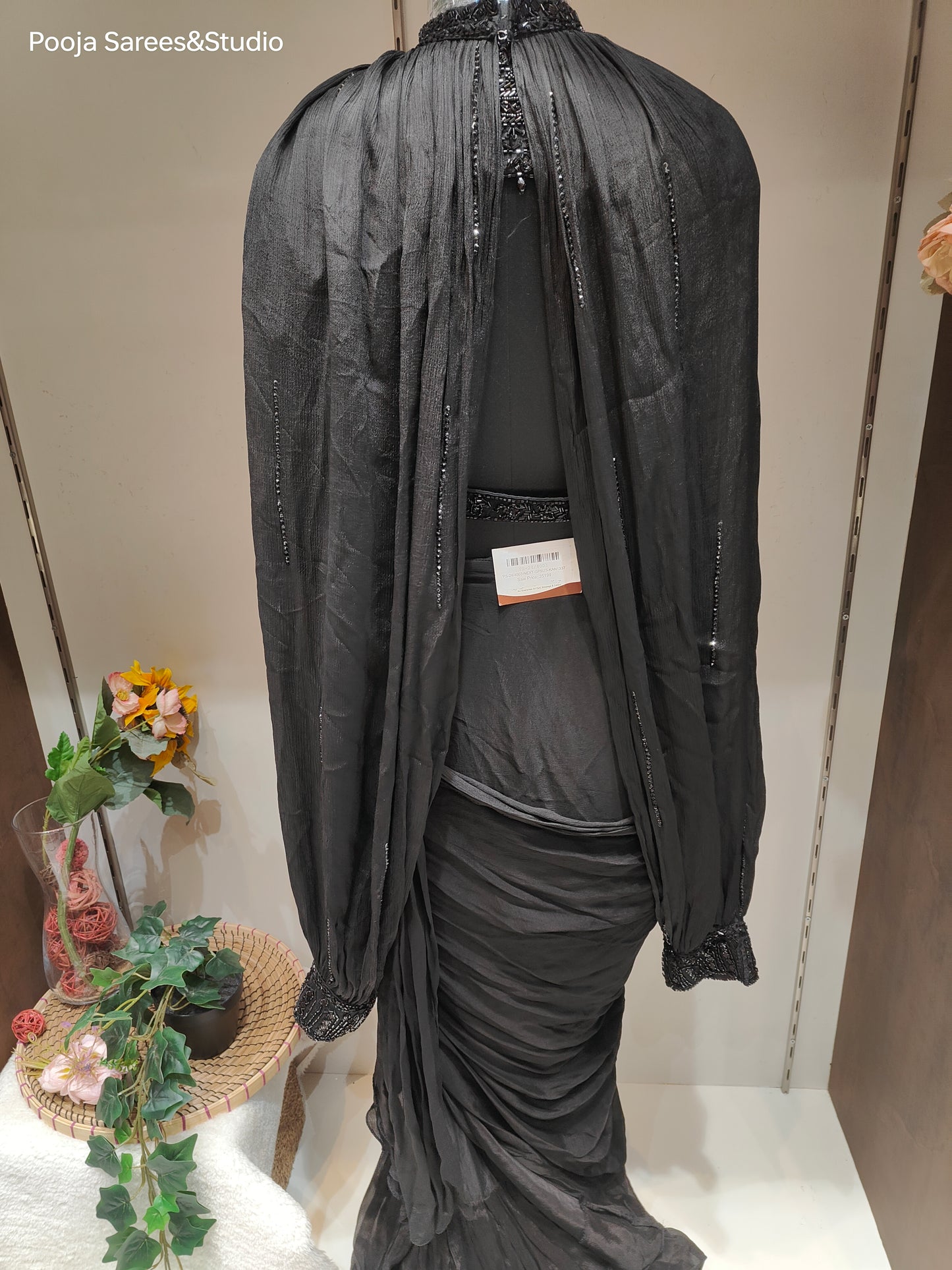 AARSAA Black Pure Georgette Heavy Self Katdana Sequence Work Blouse with Saree Drape and Poncho Sleeves