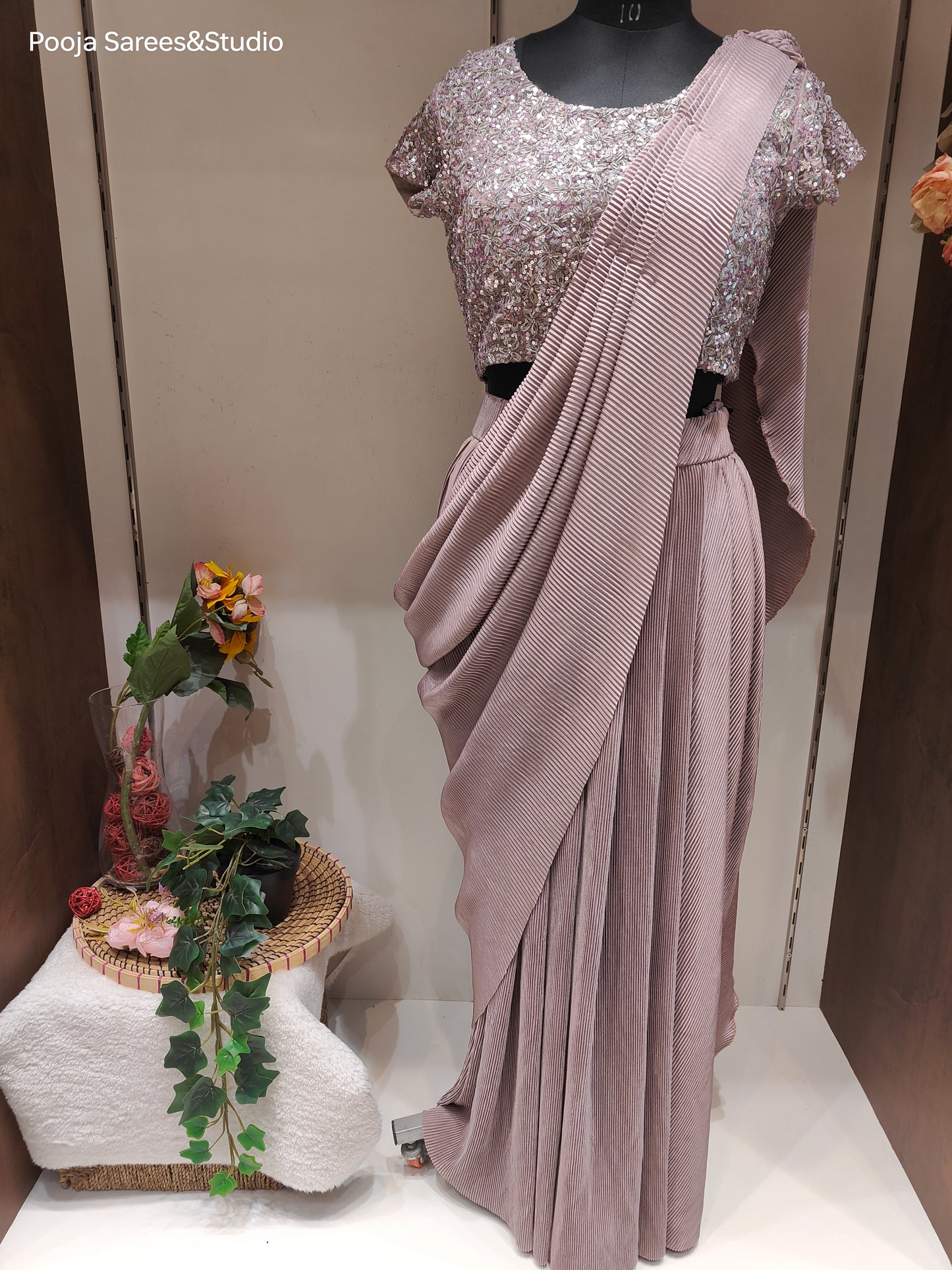 AARSAA Lilac Sequence Work Blouse with Stylish Crushed Fabric Drape Saree