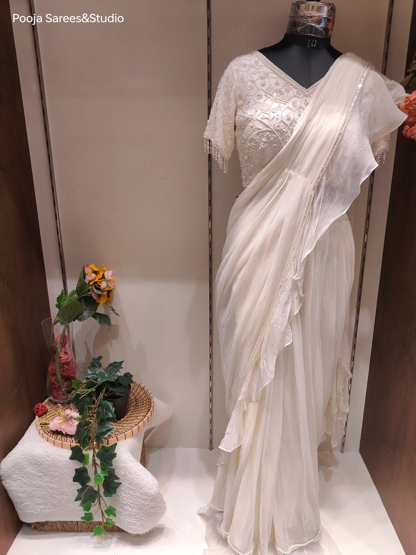 AARSAA White Crepe Self Katdana Work Blouse with Drape Saree