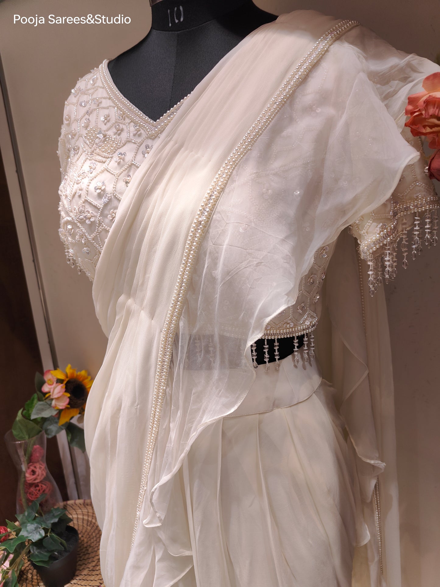 AARSAA White Crepe Self Katdana Work Blouse with Drape Saree