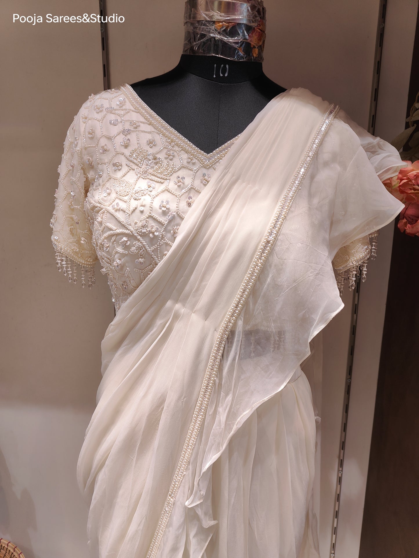 AARSAA White Crepe Self Katdana Work Blouse with Drape Saree