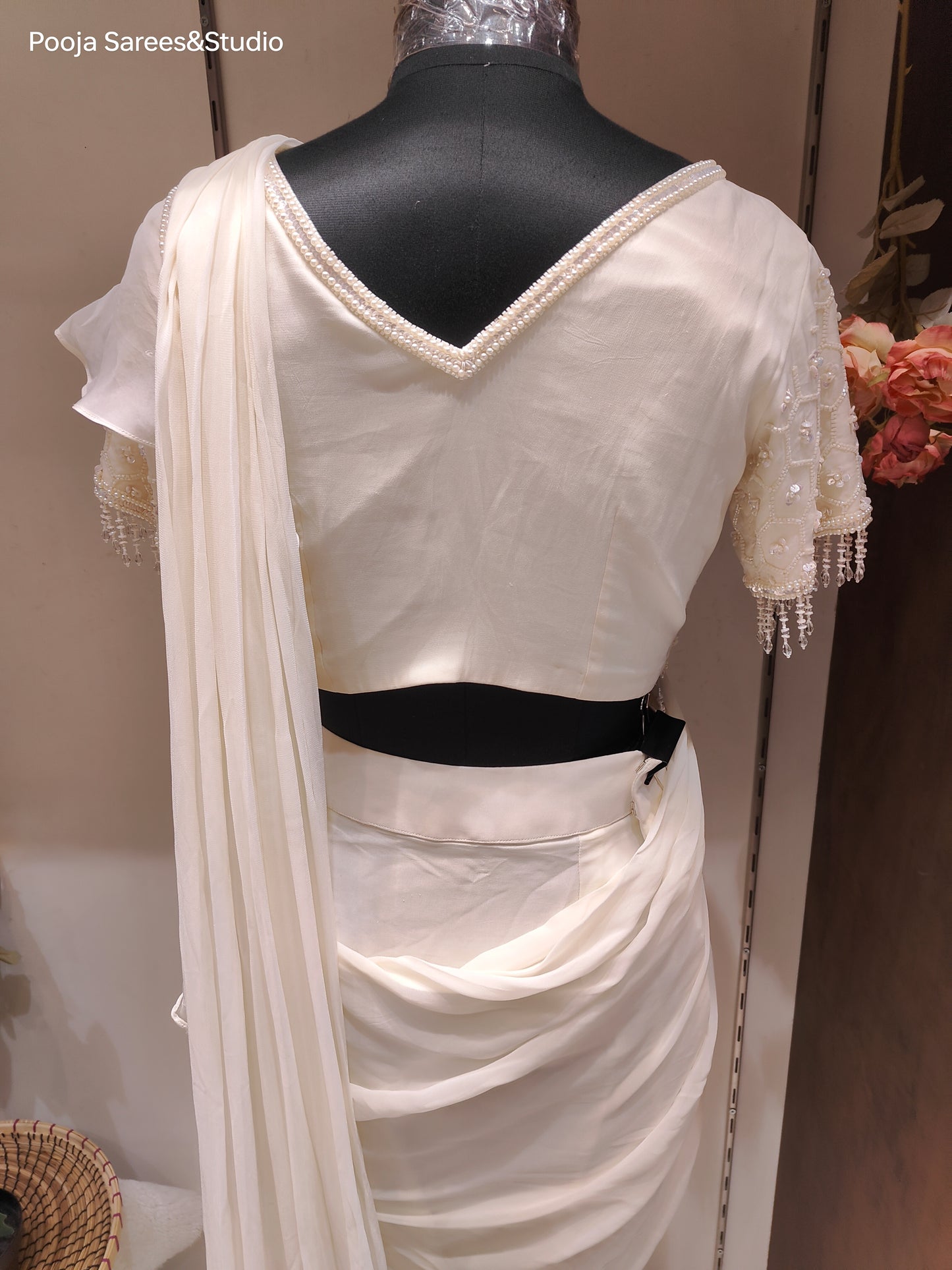 AARSAA White Crepe Self Katdana Work Blouse with Drape Saree