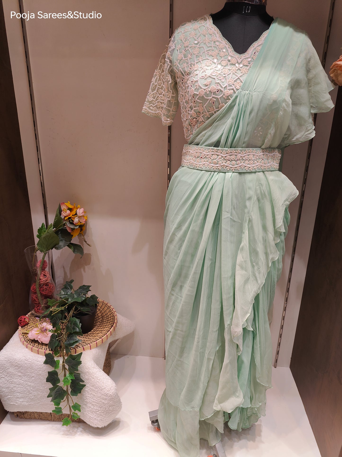 AARSAA Mint Green Organza Moti Work Blouse with Crepe Drape Saree