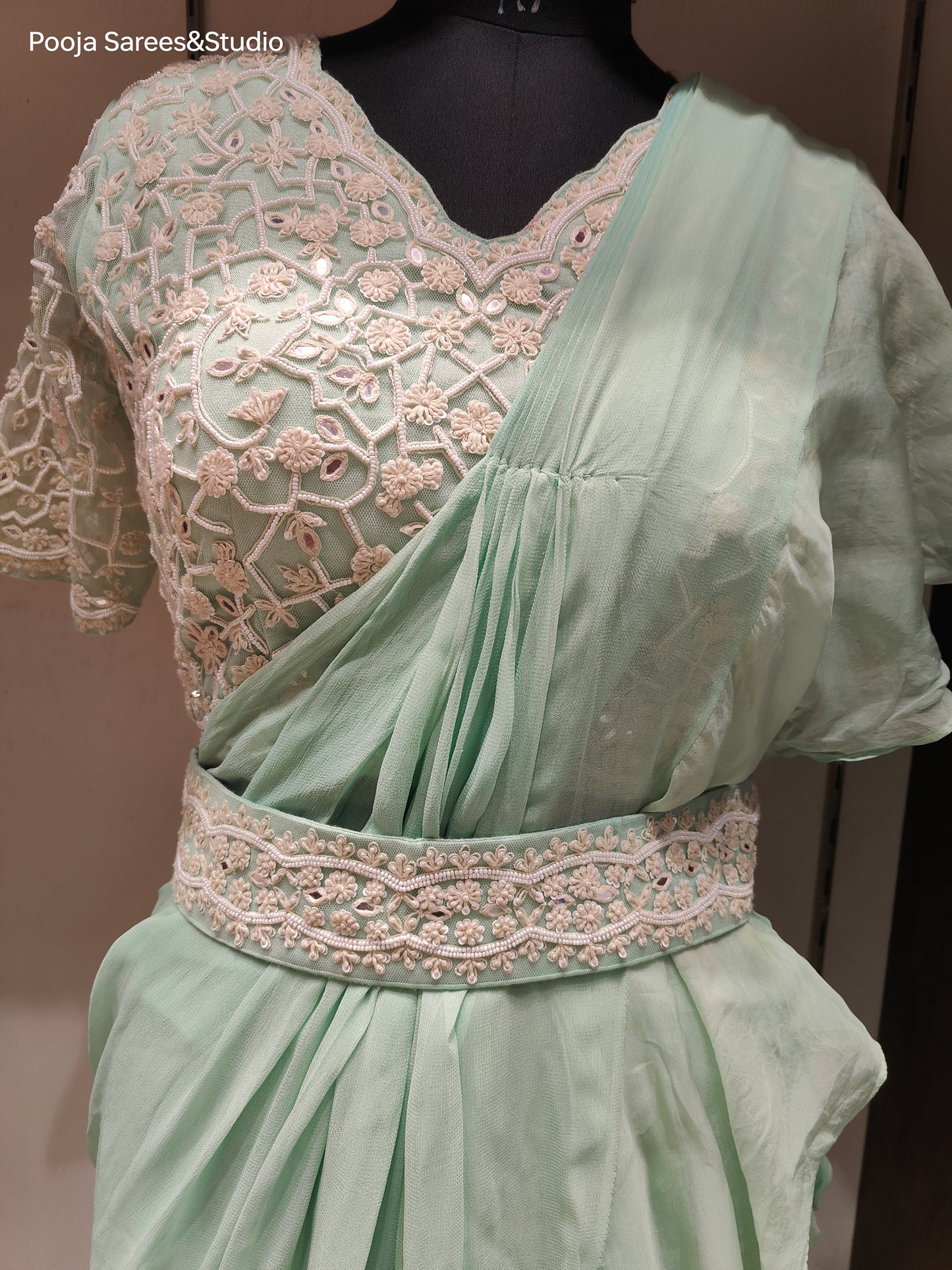 AARSAA Mint Green Organza Moti Work Blouse with Crepe Drape Saree