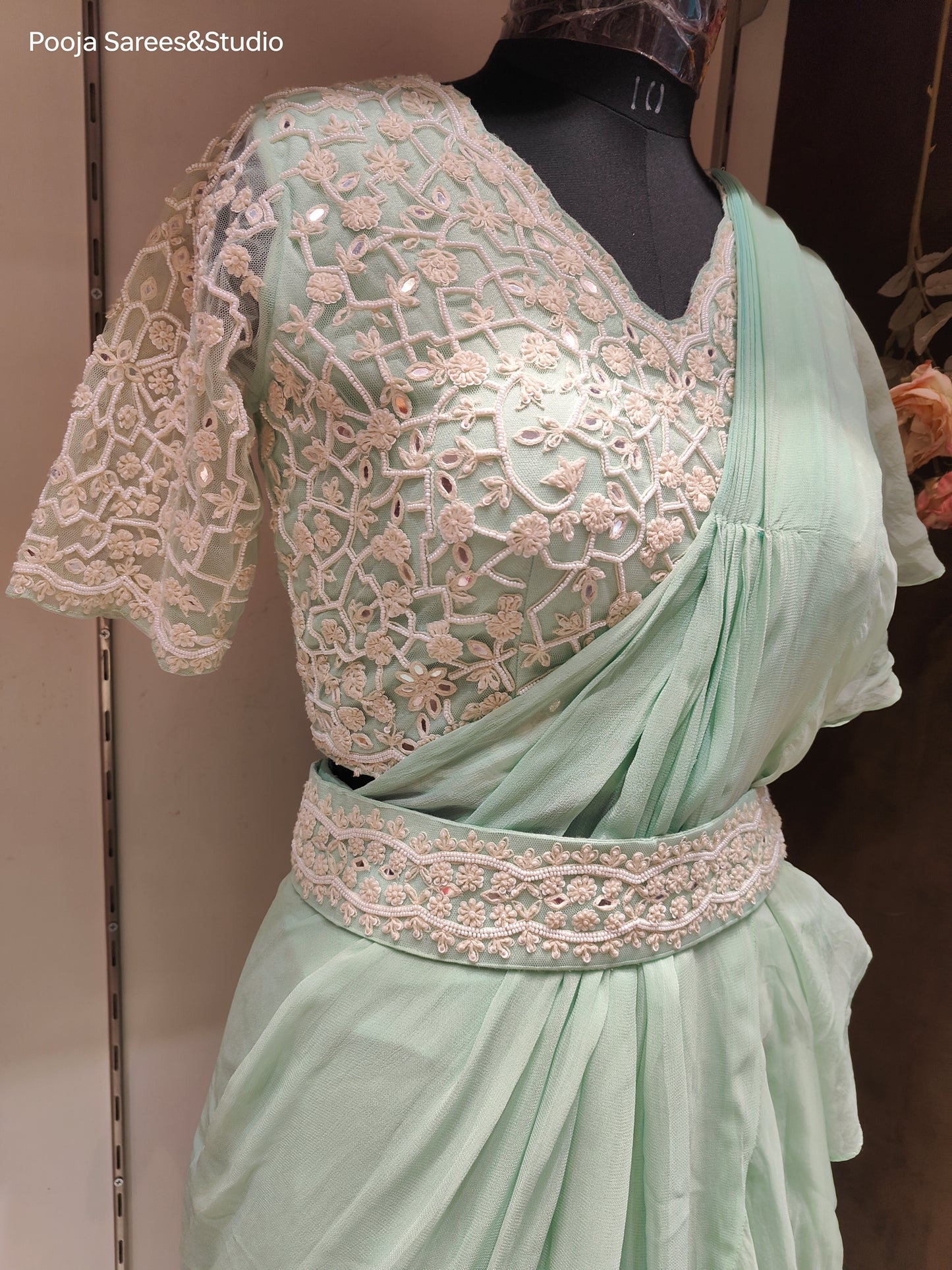 AARSAA Mint Green Organza Moti Work Blouse with Crepe Drape Saree