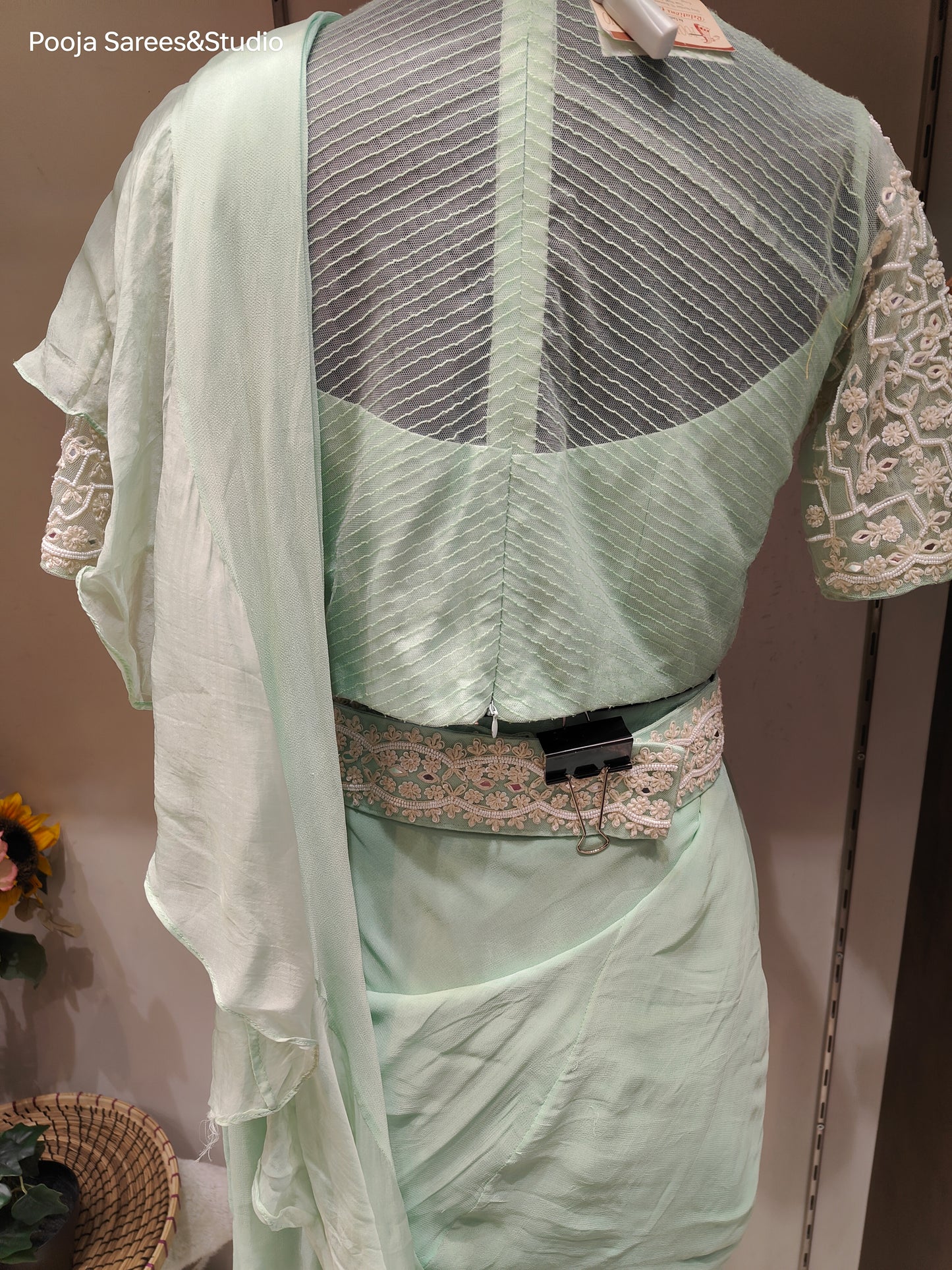 AARSAA Mint Green Organza Moti Work Blouse with Crepe Drape Saree