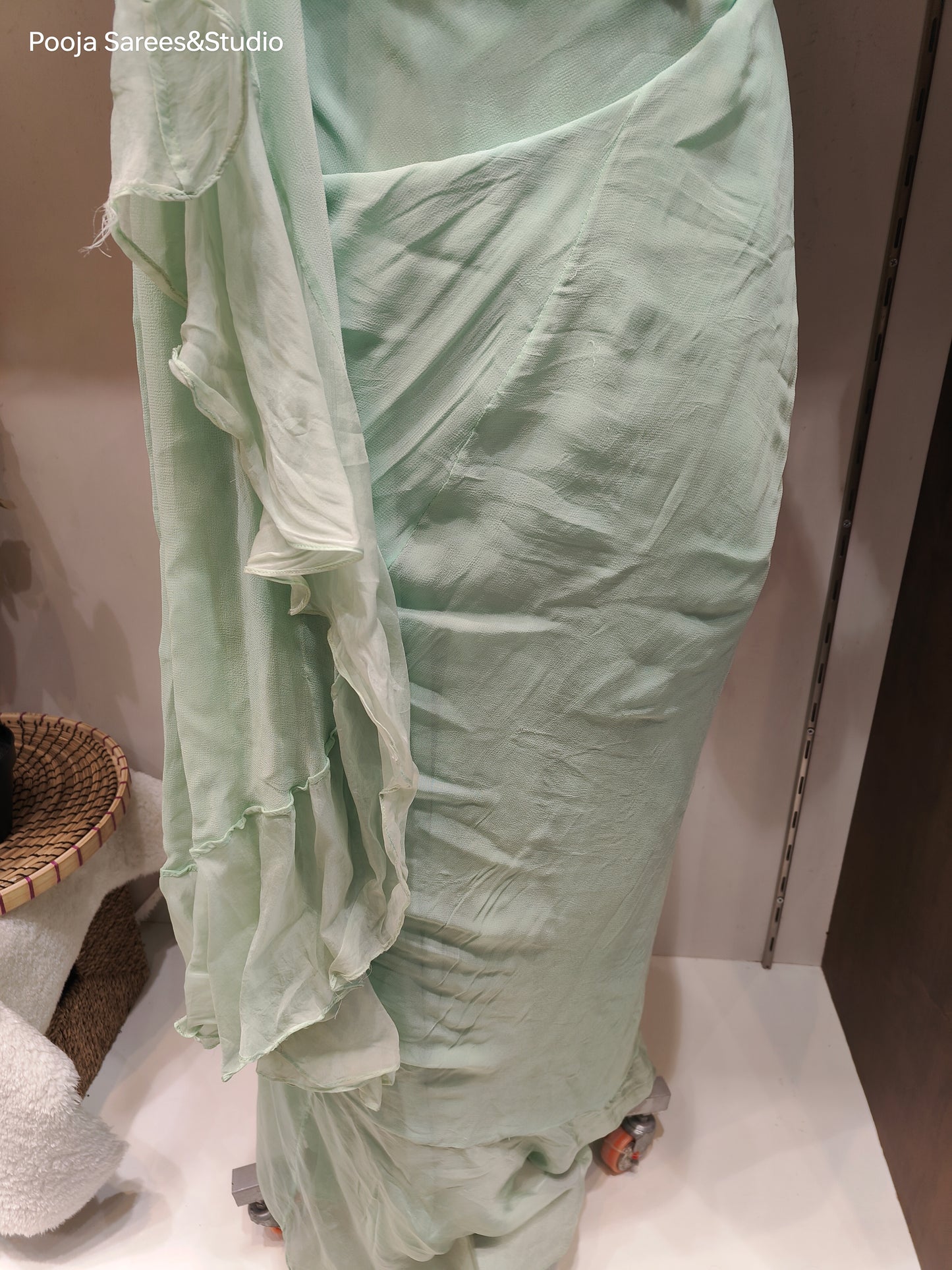 AARSAA Mint Green Organza Moti Work Blouse with Crepe Drape Saree