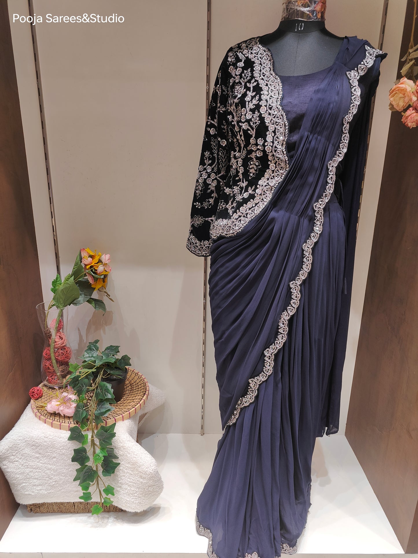 AARSAA Navy Blue Side Jacket Blouse with Drape Saree