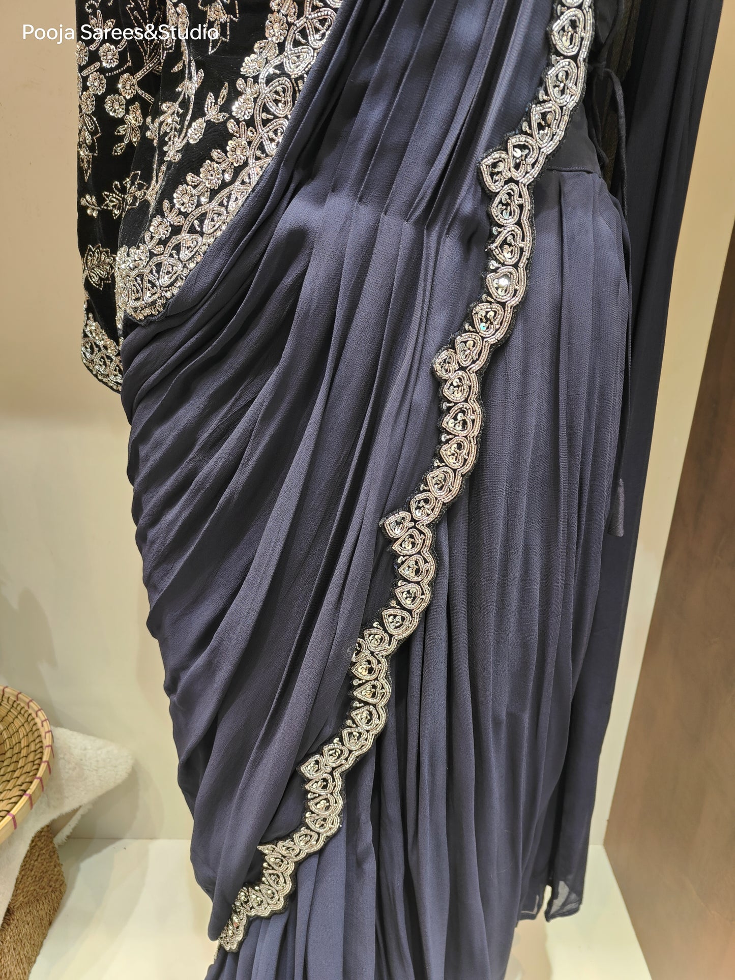 AARSAA Navy Blue Side Jacket Blouse with Drape Saree