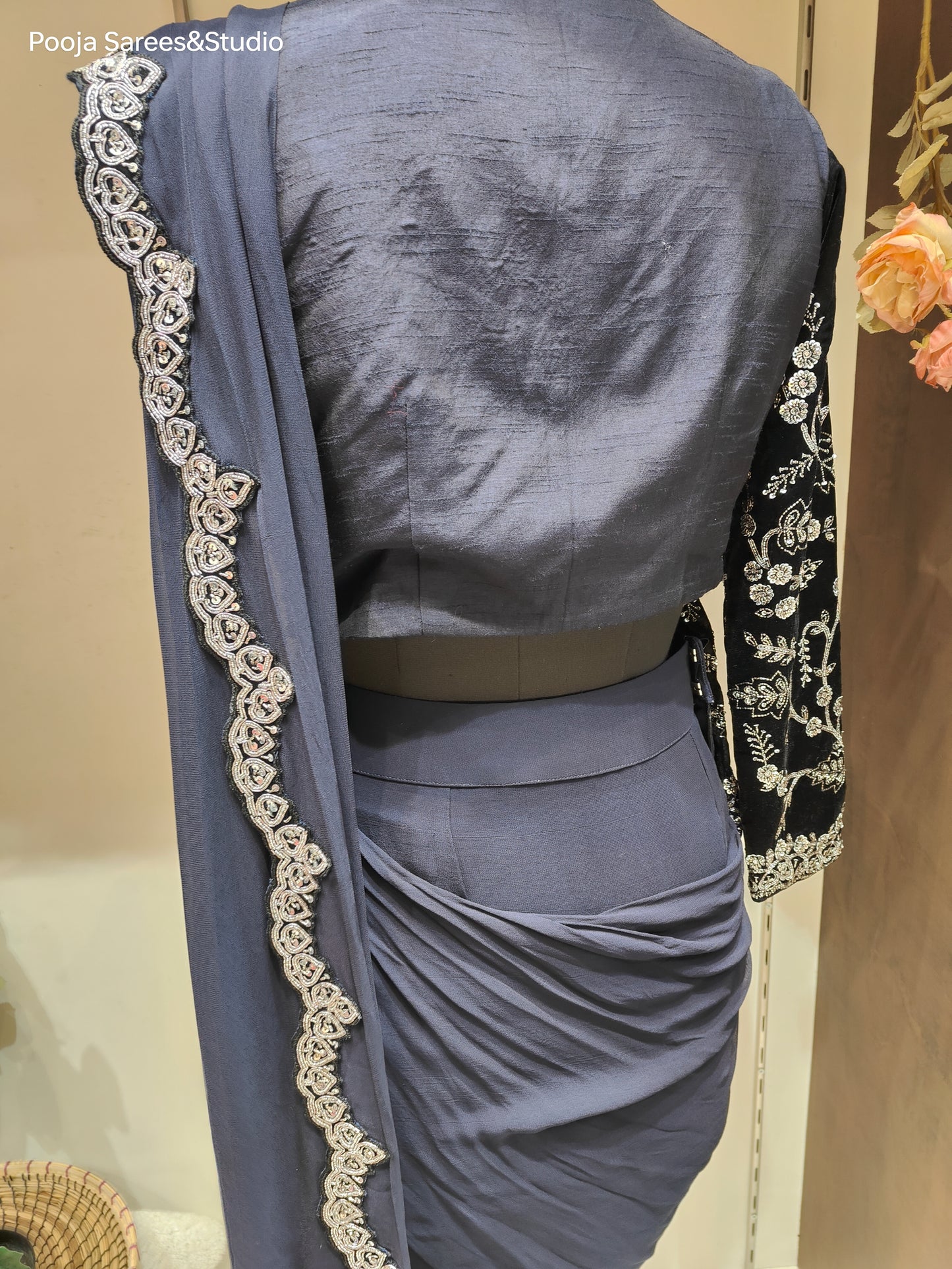 AARSAA Navy Blue Side Jacket Blouse with Drape Saree