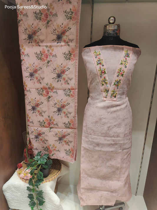 AARSAA Pink Kota Doria Self Print V Neck Threadwork Unstitched Kurta with Printed Dupatta and Plain Pant Fabric