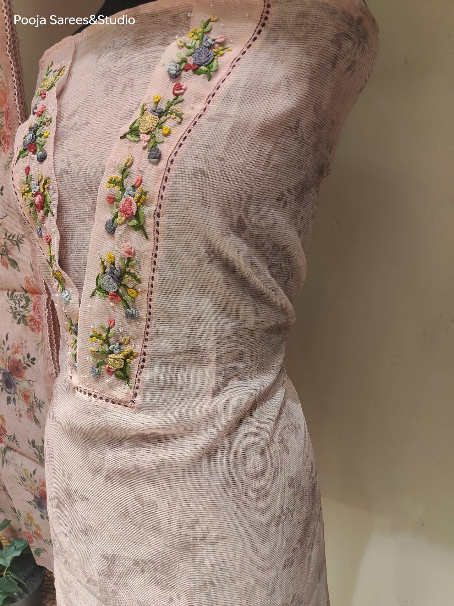 AARSAA Pink Kota Doria Self Print V Neck Threadwork Unstitched Kurta with Printed Dupatta and Plain Pant Fabric