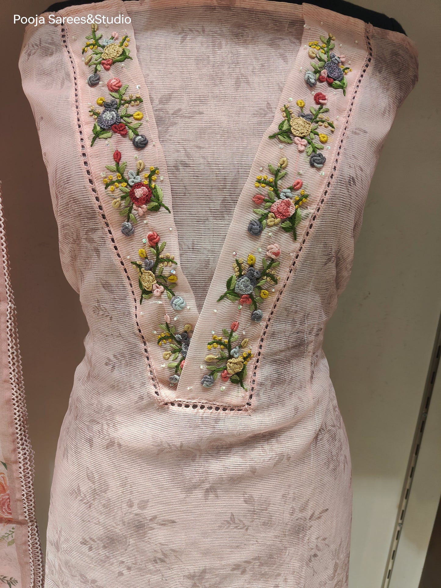 AARSAA Pink Kota Doria Self Print V Neck Threadwork Unstitched Kurta with Printed Dupatta and Plain Pant Fabric