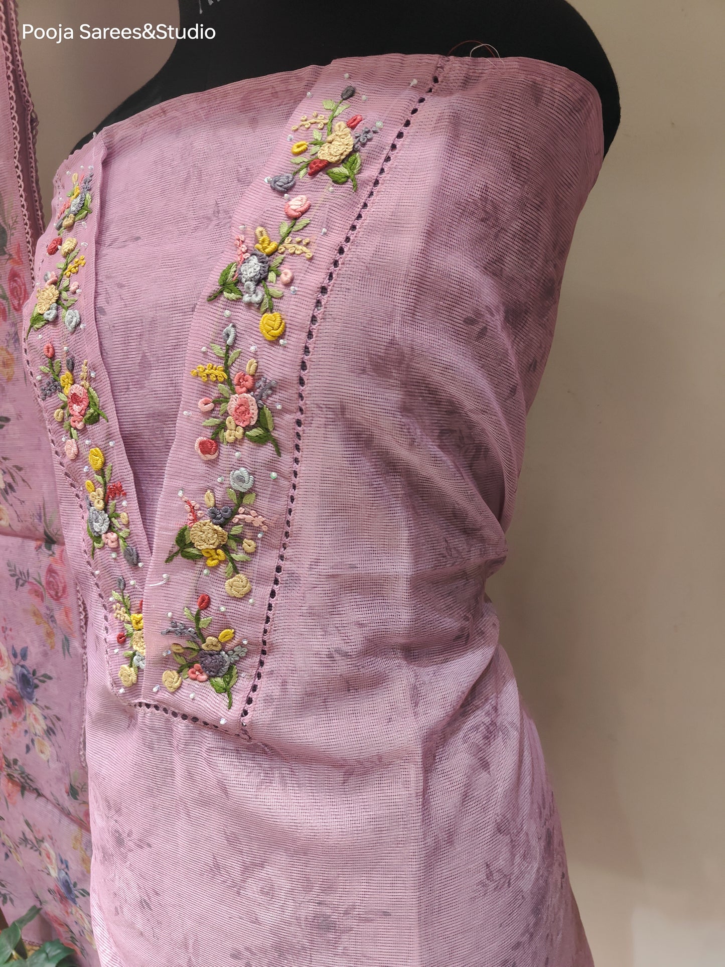 AARSAA Onion Pink Kota Doria Self Print V Neck Threadwork Unstitched Kurta with Printed Dupatta and Plain Pant Fabric