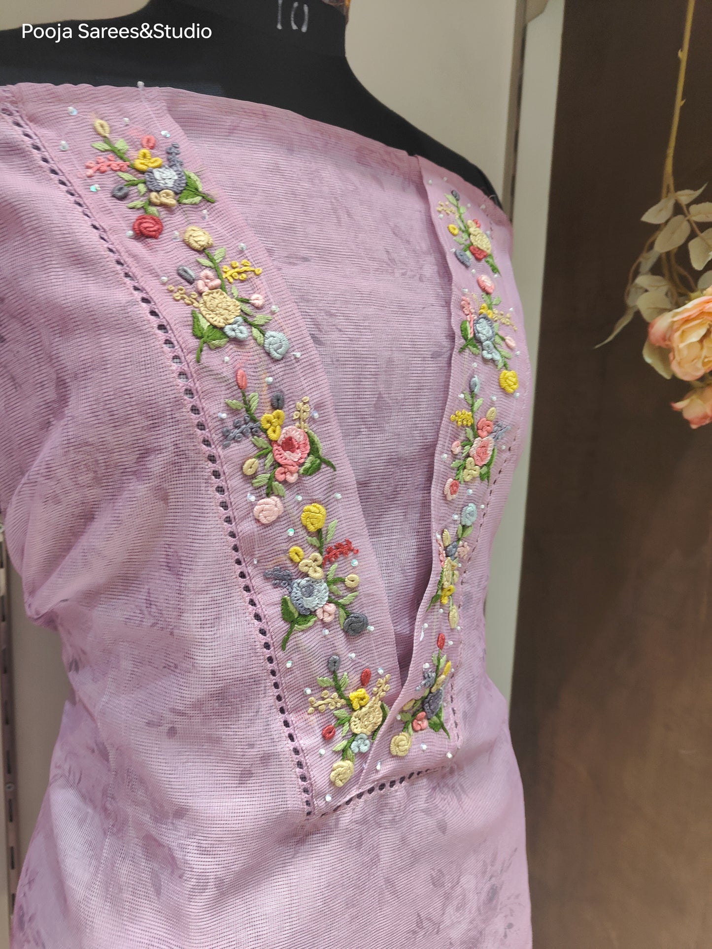 AARSAA Onion Pink Kota Doria Self Print V Neck Threadwork Unstitched Kurta with Printed Dupatta and Plain Pant Fabric