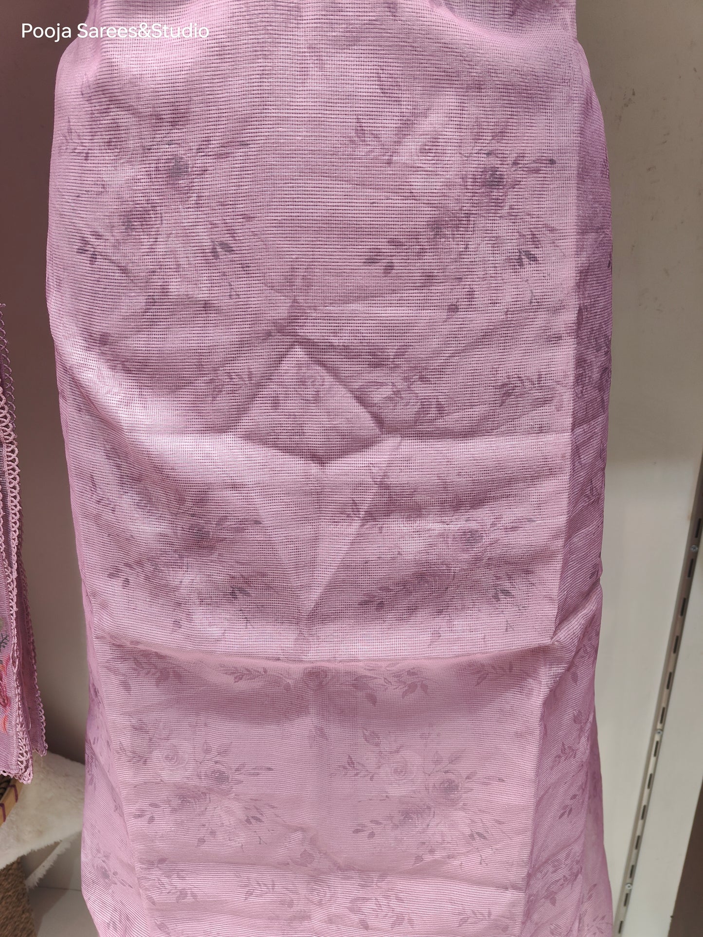 AARSAA Onion Pink Kota Doria Self Print V Neck Threadwork Unstitched Kurta with Printed Dupatta and Plain Pant Fabric