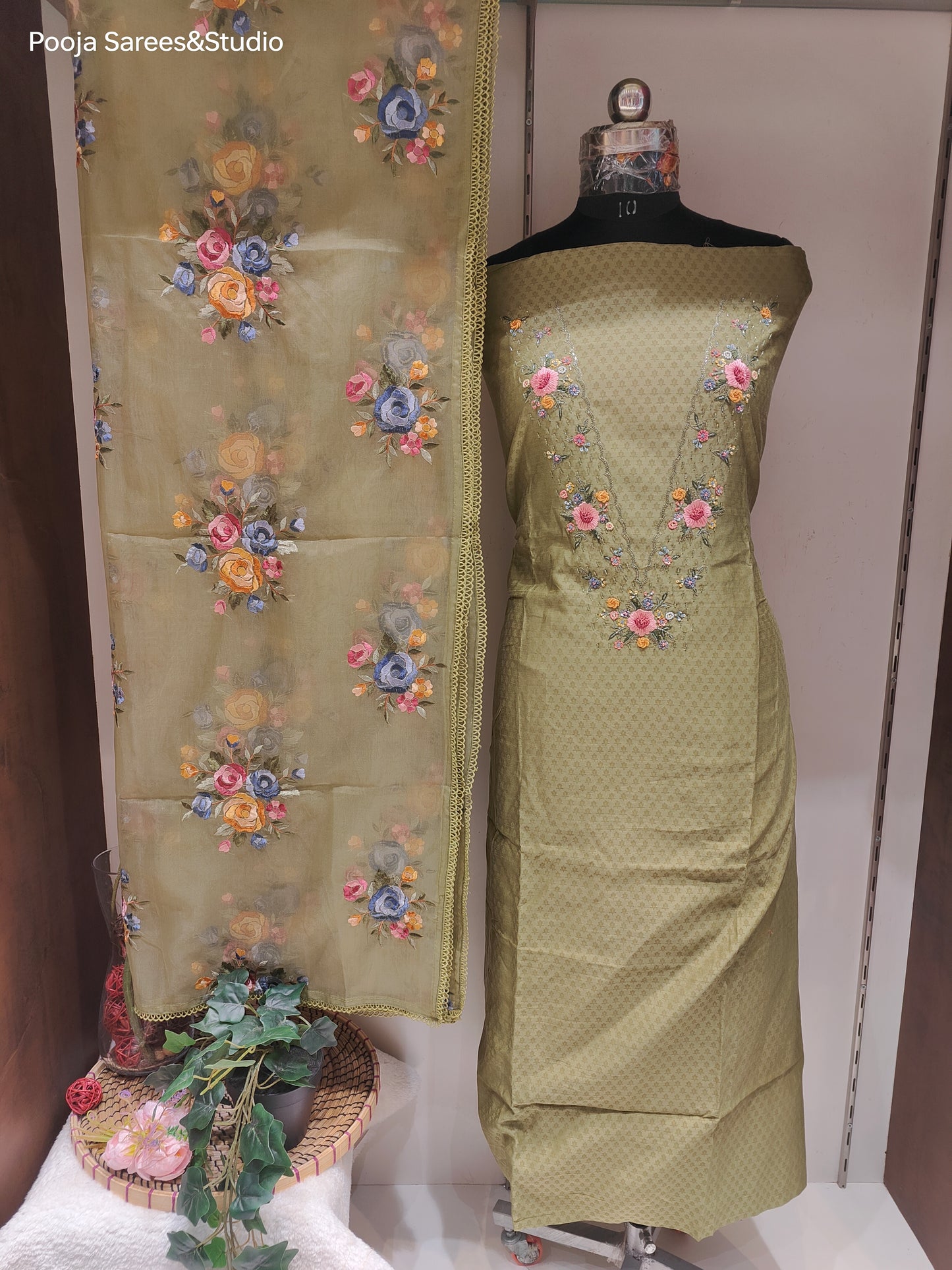 AARSAA Chanderi Mehendi Green Self Printed V neck work Unstitched Kurta with Threadwork Flower Motif Dupatta and Pant with Work