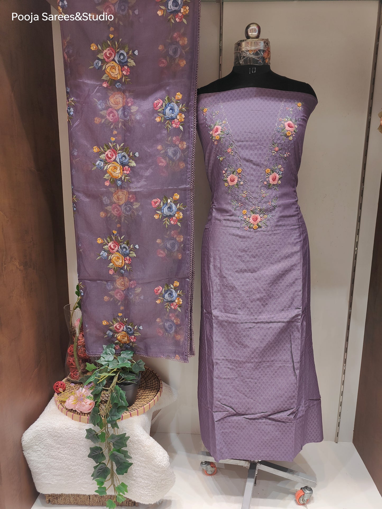 AARSAA Chanderi Purple Self Printed V neck work Unstitched Kurta with Threadwork Flower Motif Dupatta and Pant with Work