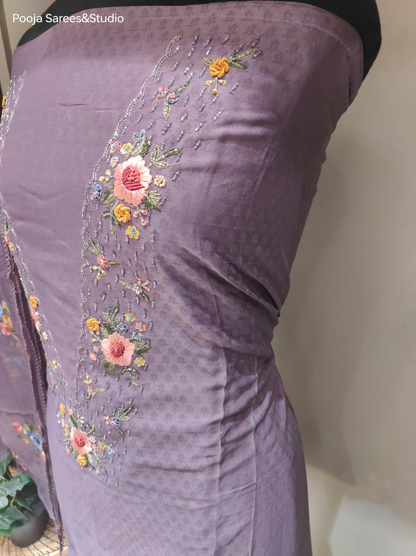 AARSAA Chanderi Purple Self Printed V neck work Unstitched Kurta with Threadwork Flower Motif Dupatta and Pant with Work