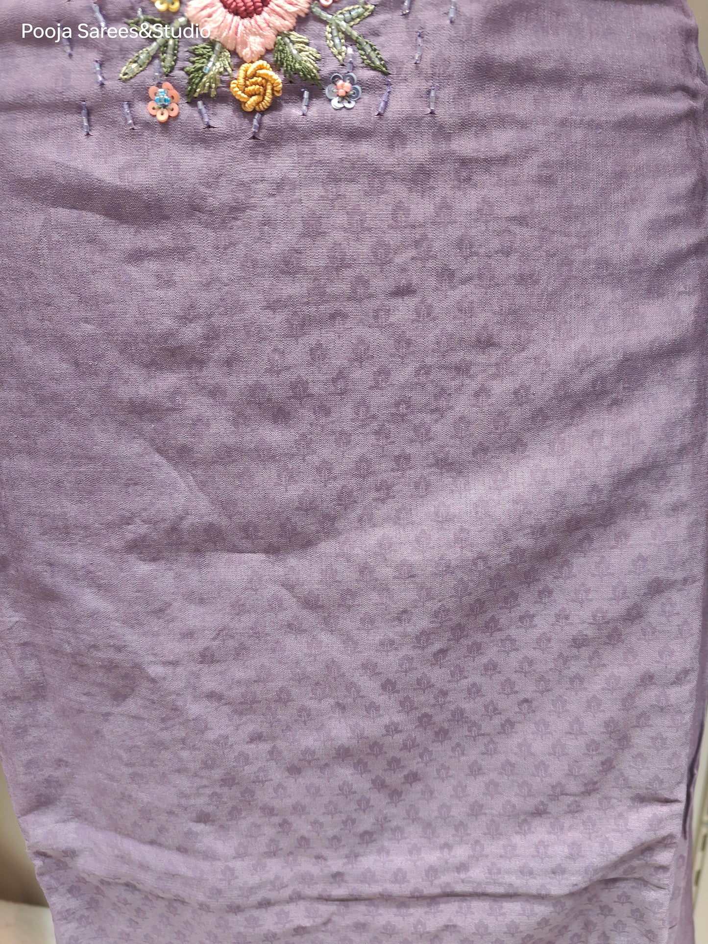 AARSAA Chanderi Purple Self Printed V neck work Unstitched Kurta with Threadwork Flower Motif Dupatta and Pant with Work