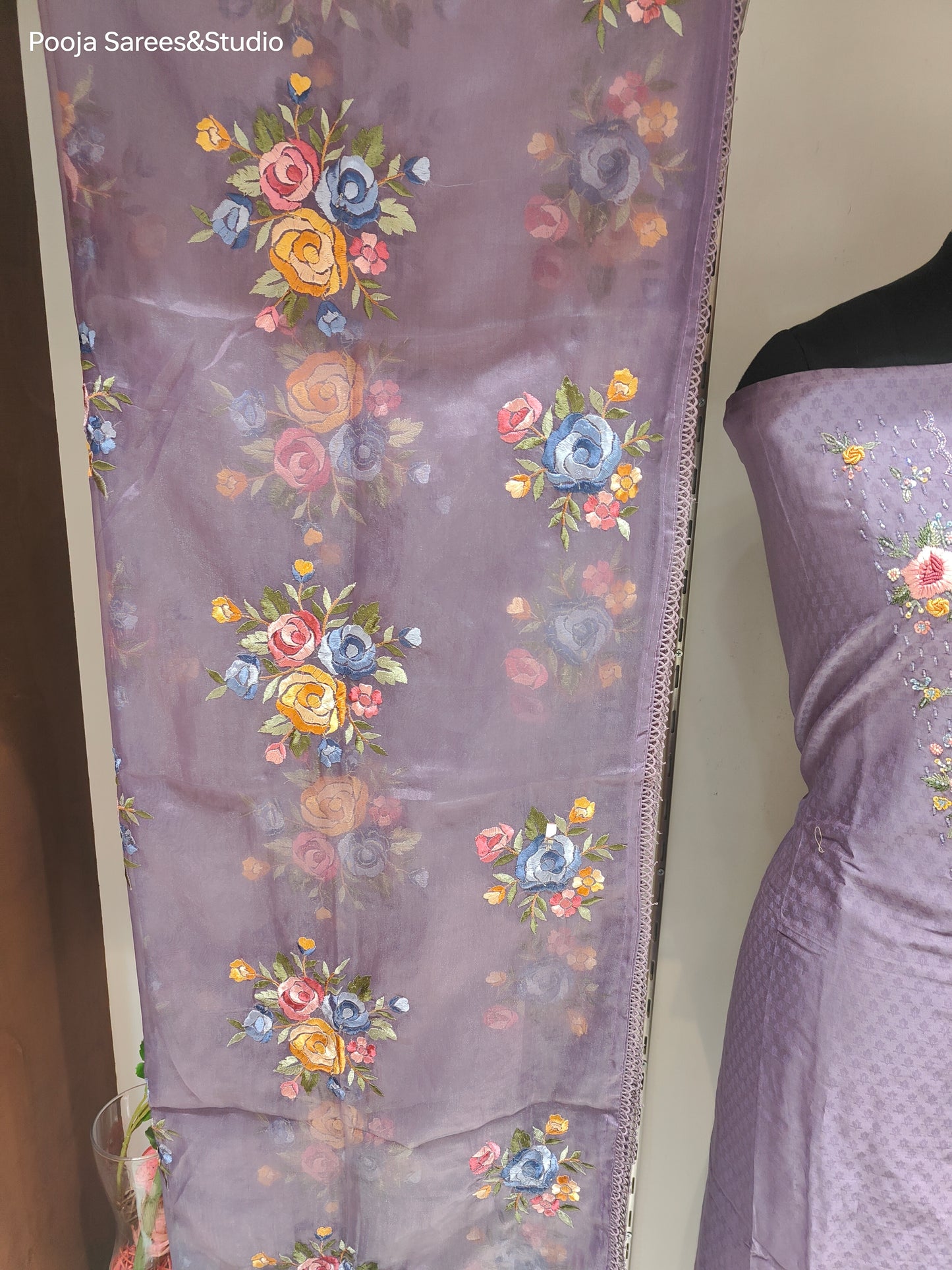 AARSAA Chanderi Purple Self Printed V neck work Unstitched Kurta with Threadwork Flower Motif Dupatta and Pant with Work