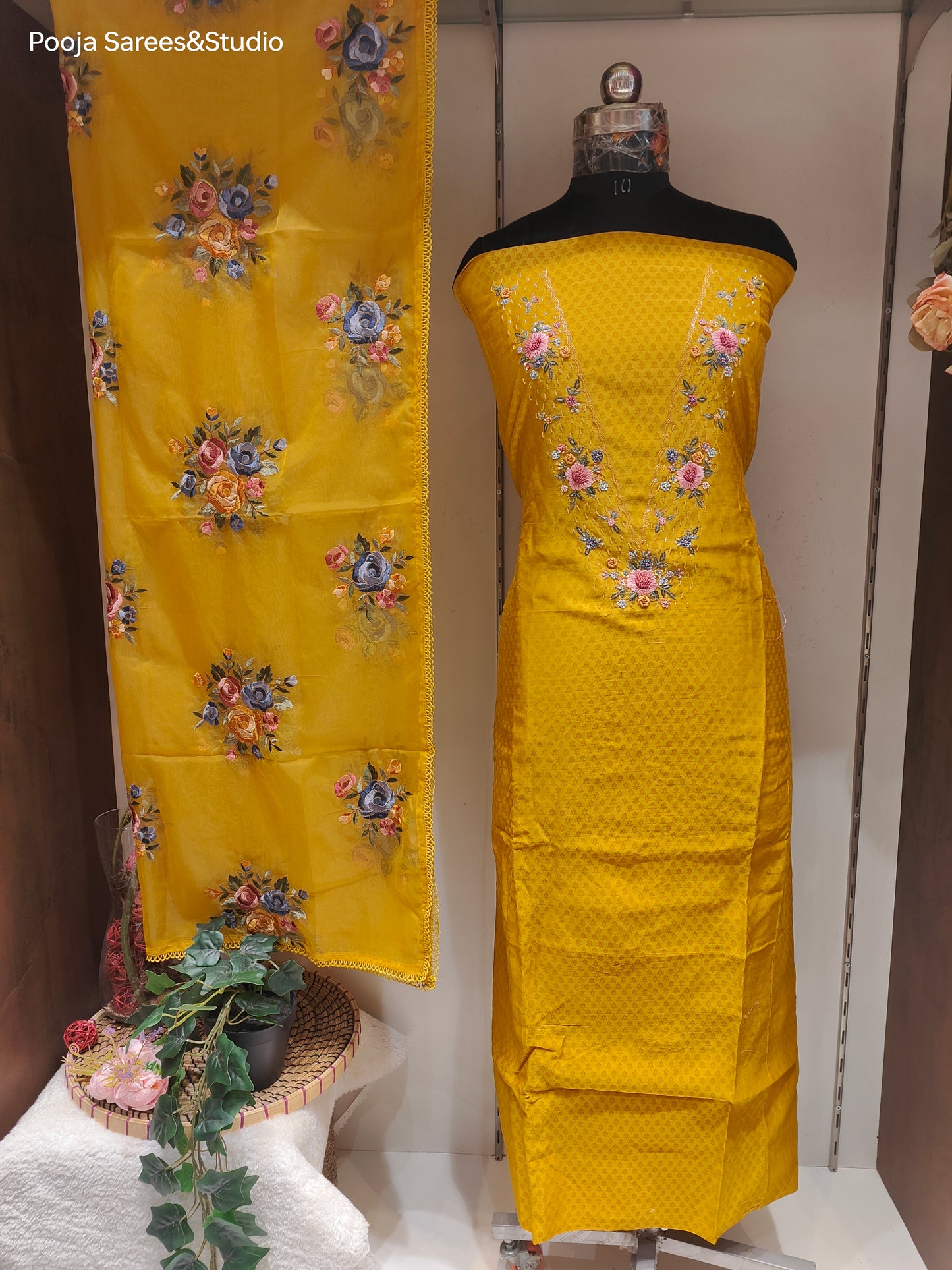 AARSAA Yellow Purple Self Printed V neck work Unstitched Kurta with Threadwork Flower Motif Dupatta and Pant with Work