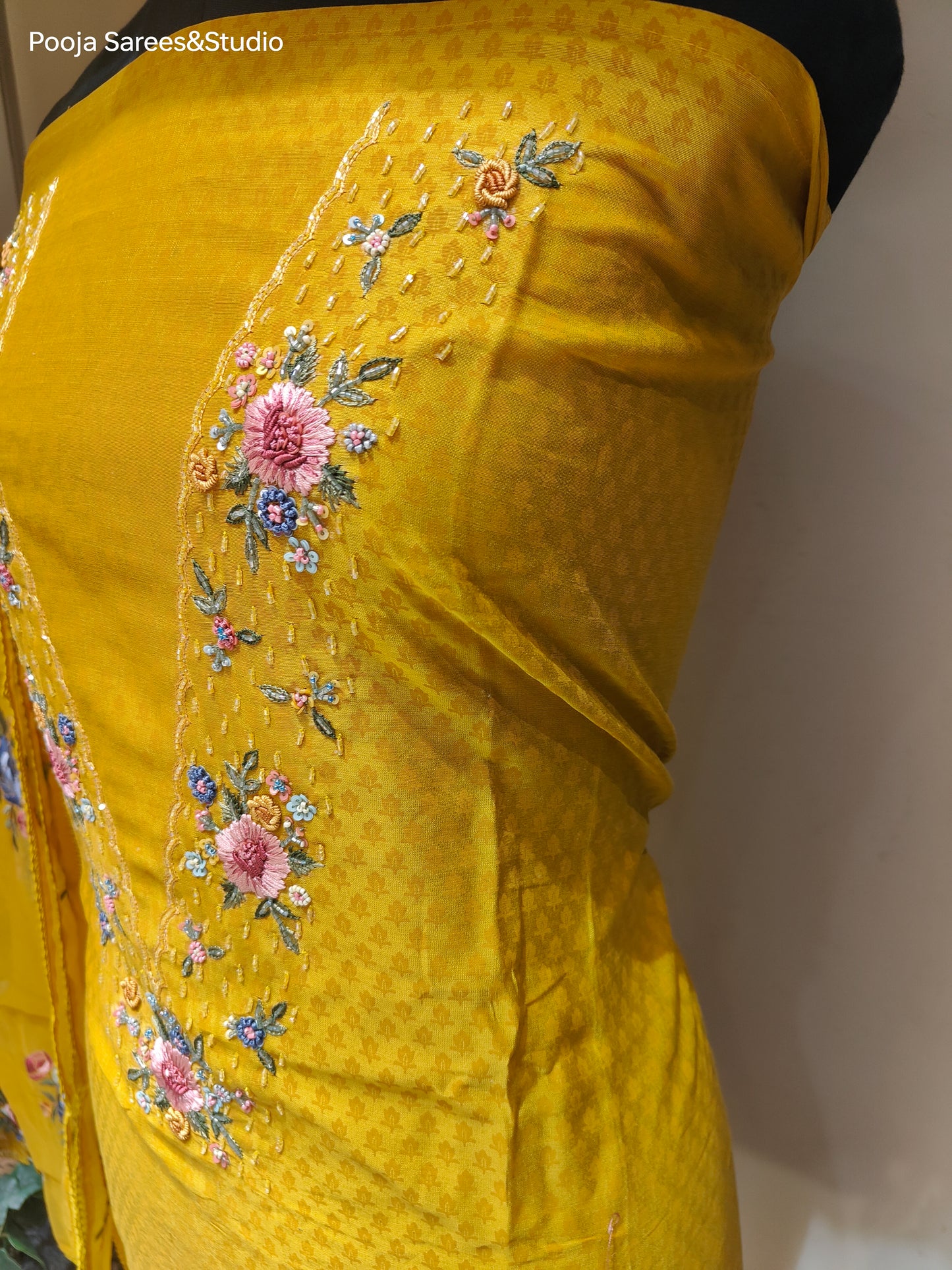 AARSAA Yellow Purple Self Printed V neck work Unstitched Kurta with Threadwork Flower Motif Dupatta and Pant with Work