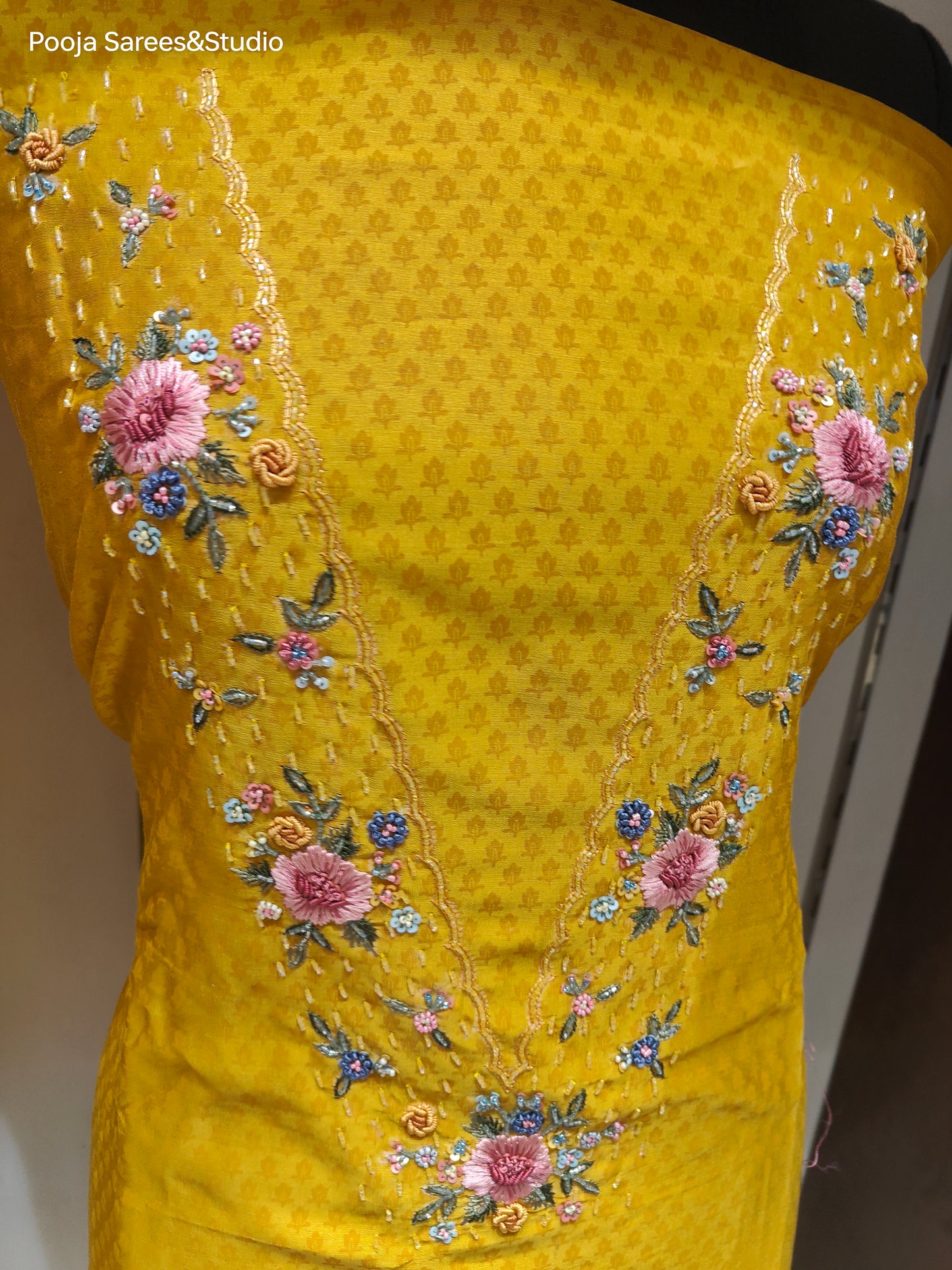 AARSAA Yellow Purple Self Printed V neck work Unstitched Kurta with Threadwork Flower Motif Dupatta and Pant with Work