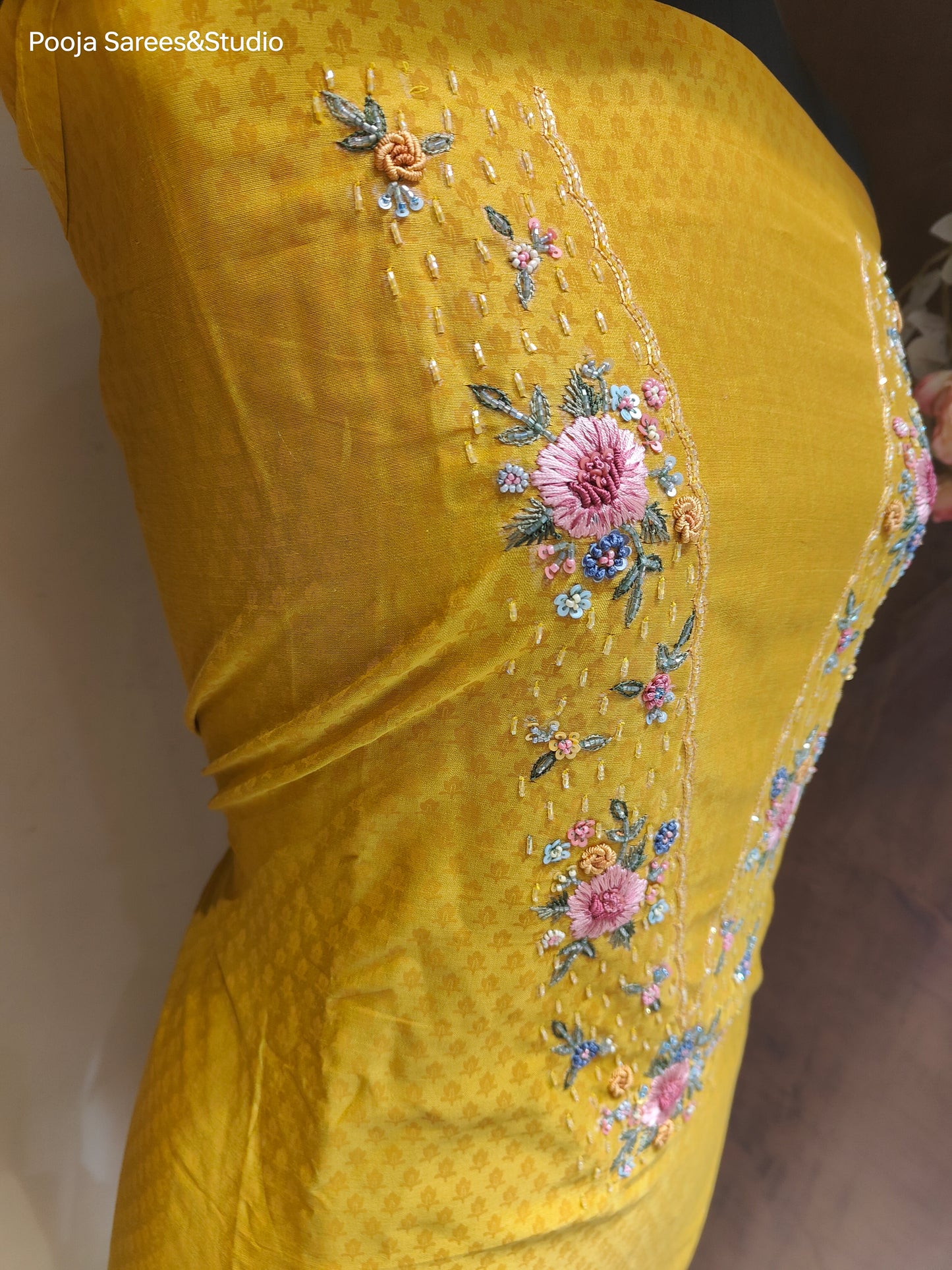 AARSAA Yellow Purple Self Printed V neck work Unstitched Kurta with Threadwork Flower Motif Dupatta and Pant with Work