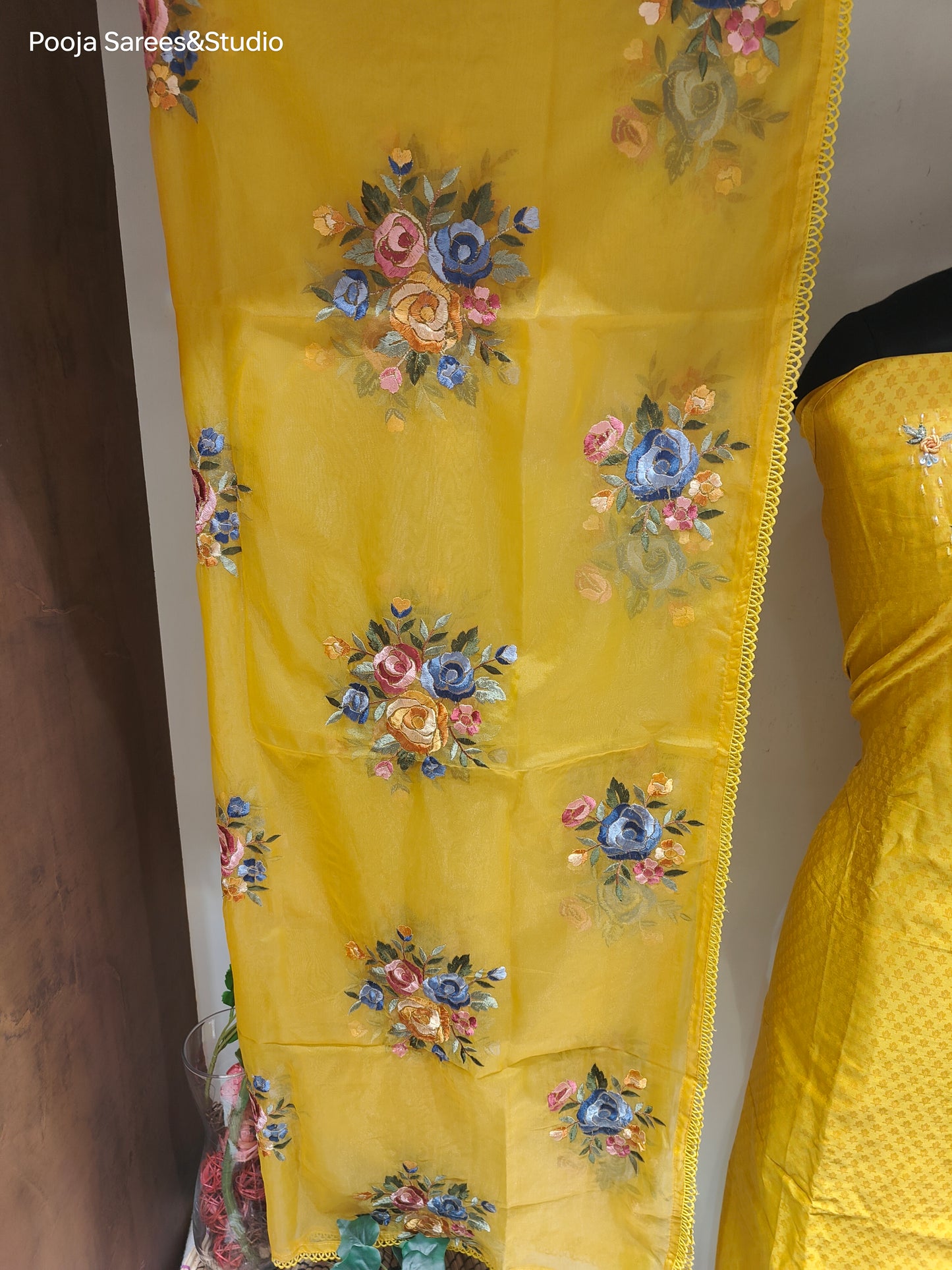 AARSAA Yellow Purple Self Printed V neck work Unstitched Kurta with Threadwork Flower Motif Dupatta and Pant with Work